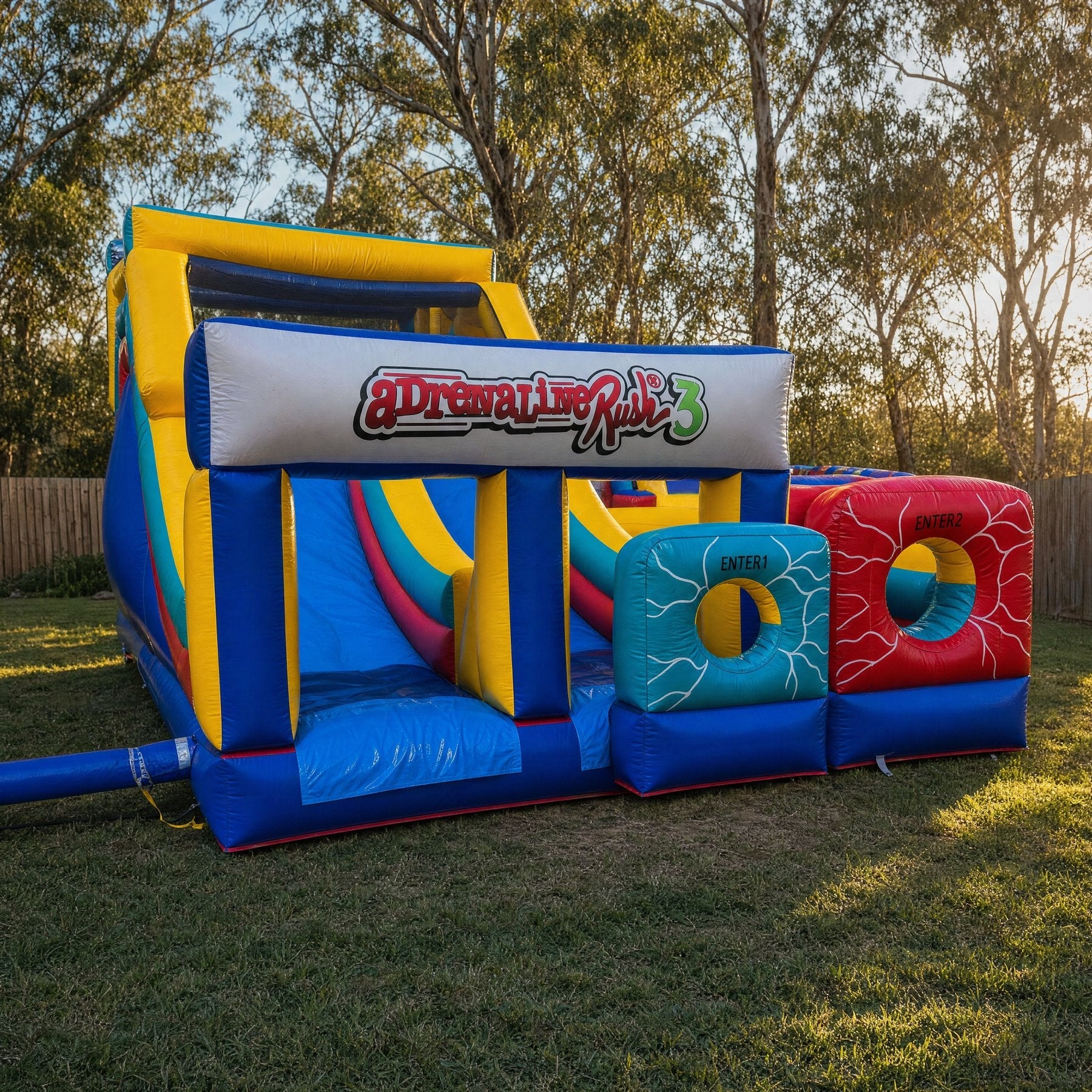 Adrenaline Rush inflatable obstacle course running across a backyard lawn, Jump About obstacle course hire Central Coast