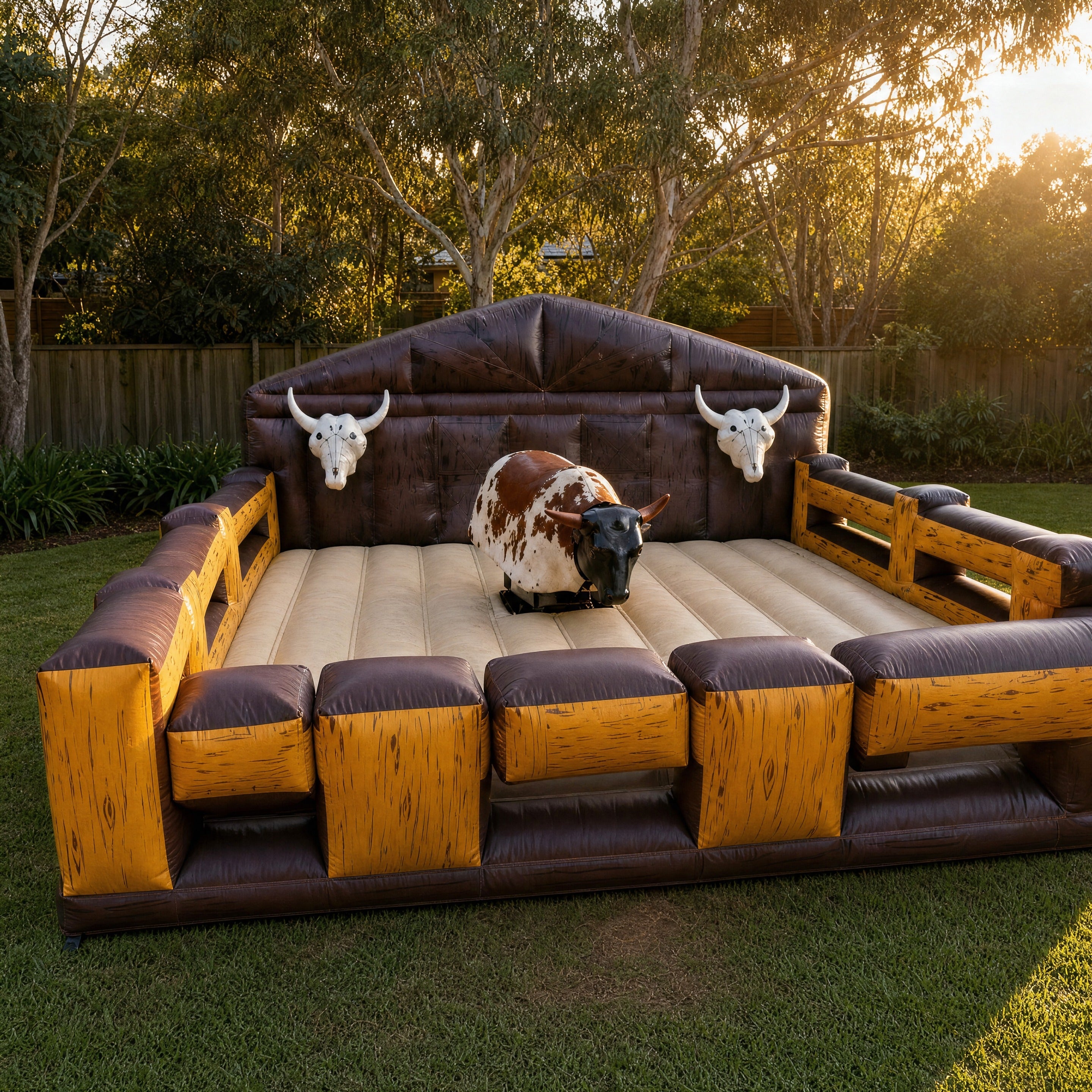 Inflatable bucking bull ride with padded safety base on backyard grass, Jump About interactive game hire Central Coast