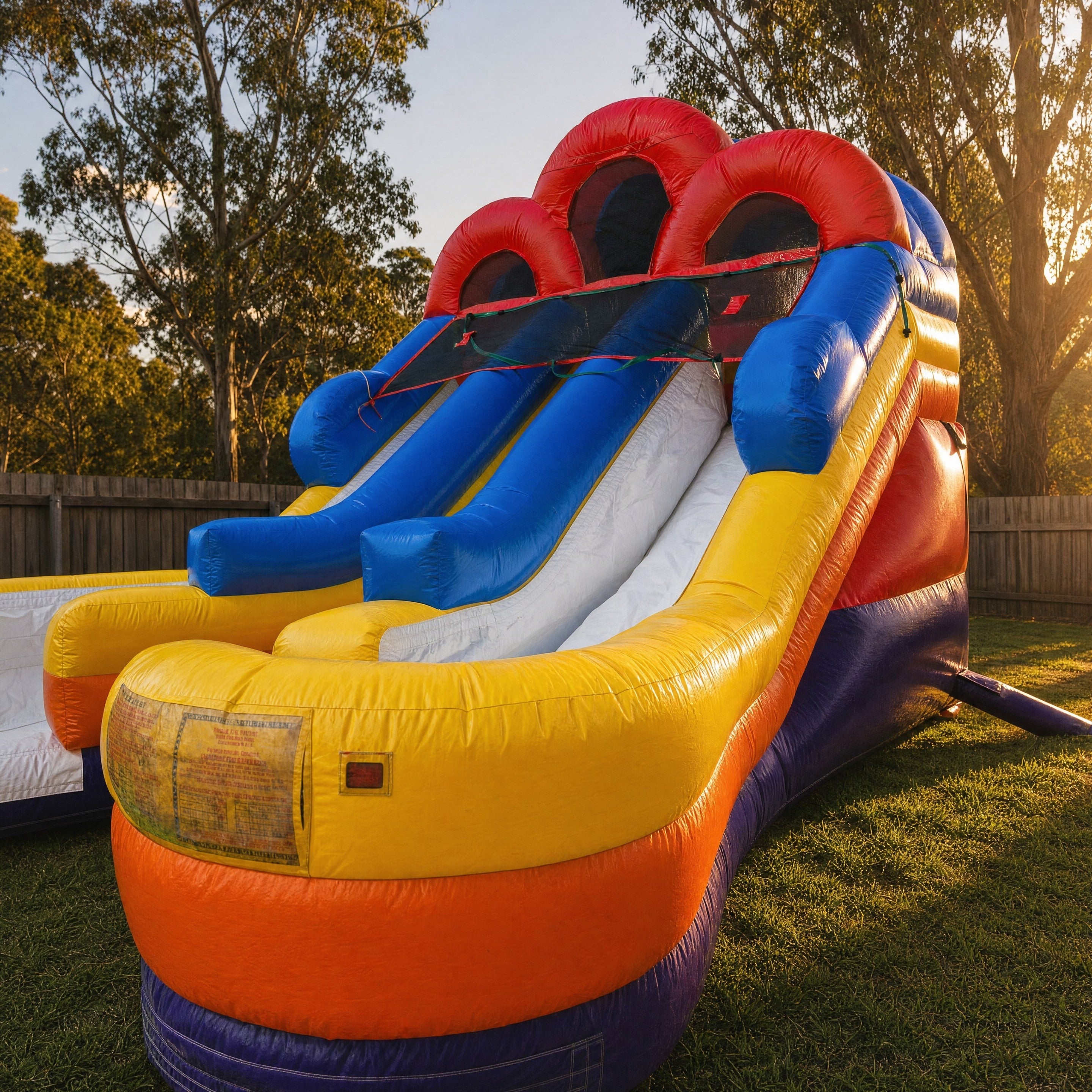 Double lane inflatable water slide on backyard lawn in afternoon sun, Jump About water slide hire Central Coast