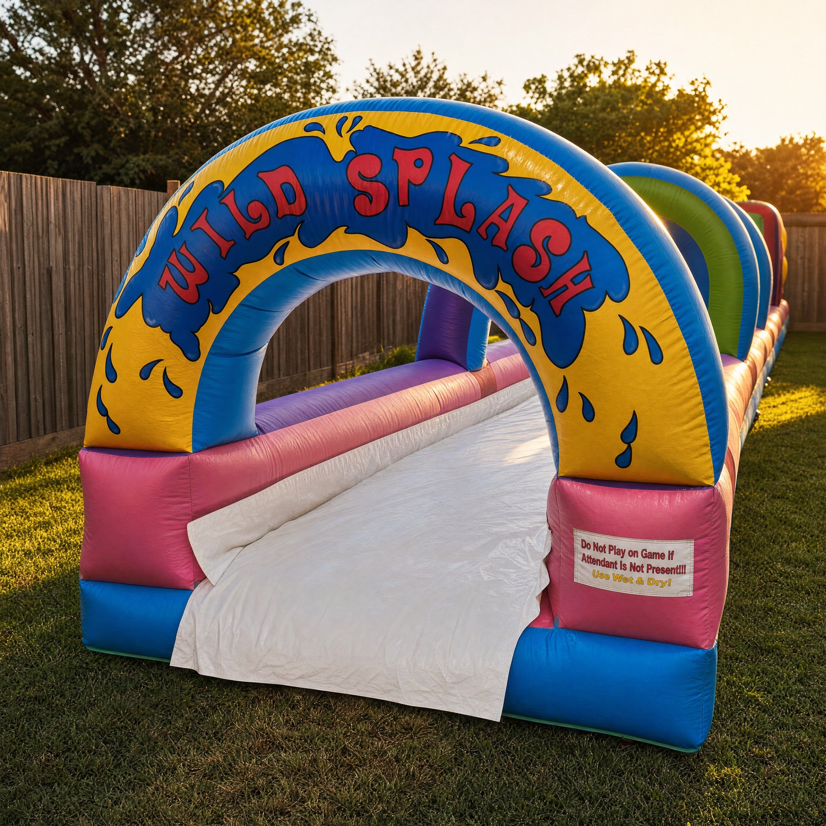 Entrance detail of the 1 Lane Wild Splash Slip N Slide showing the safety placard