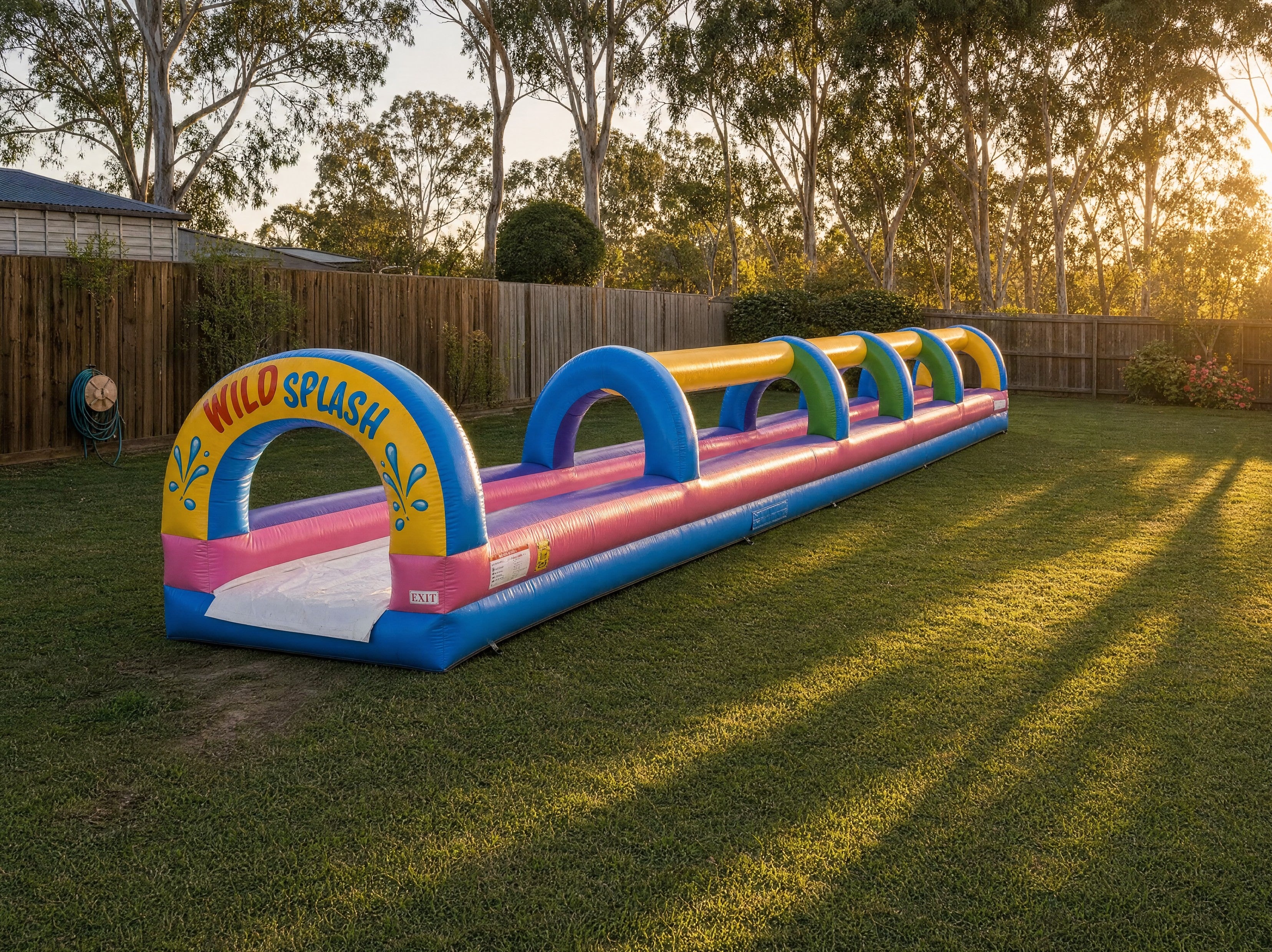 Wide pulled back view of the 1 Lane Wild Splash Slip N Slide in a backyard