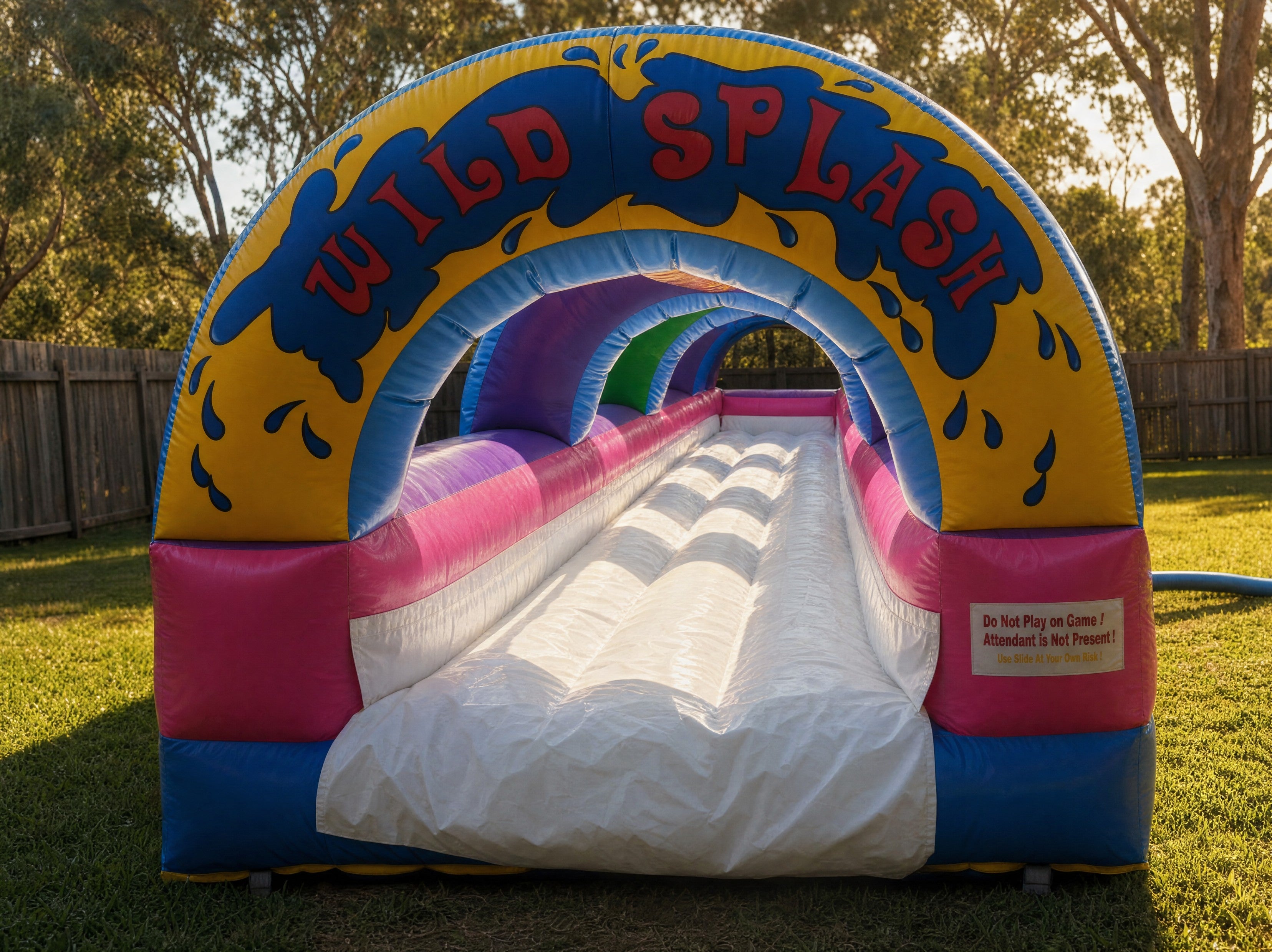 Wide view of the 1 Lane Wild Splash Slip N Slide hire at golden hour
