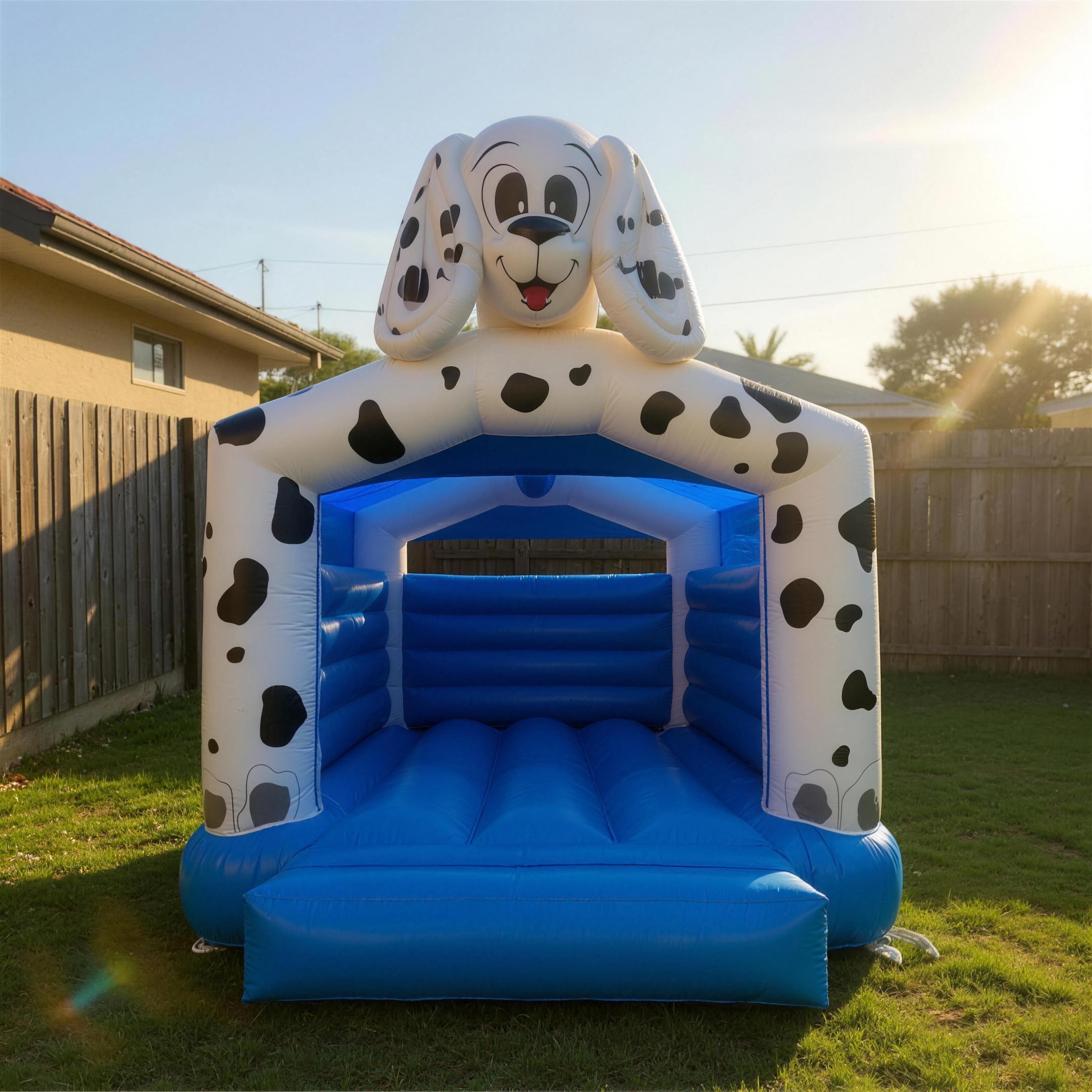 Straight-on view of the 101 Dalmatians jumping castle showing the dalmatian-spot panels and dog-head archway.