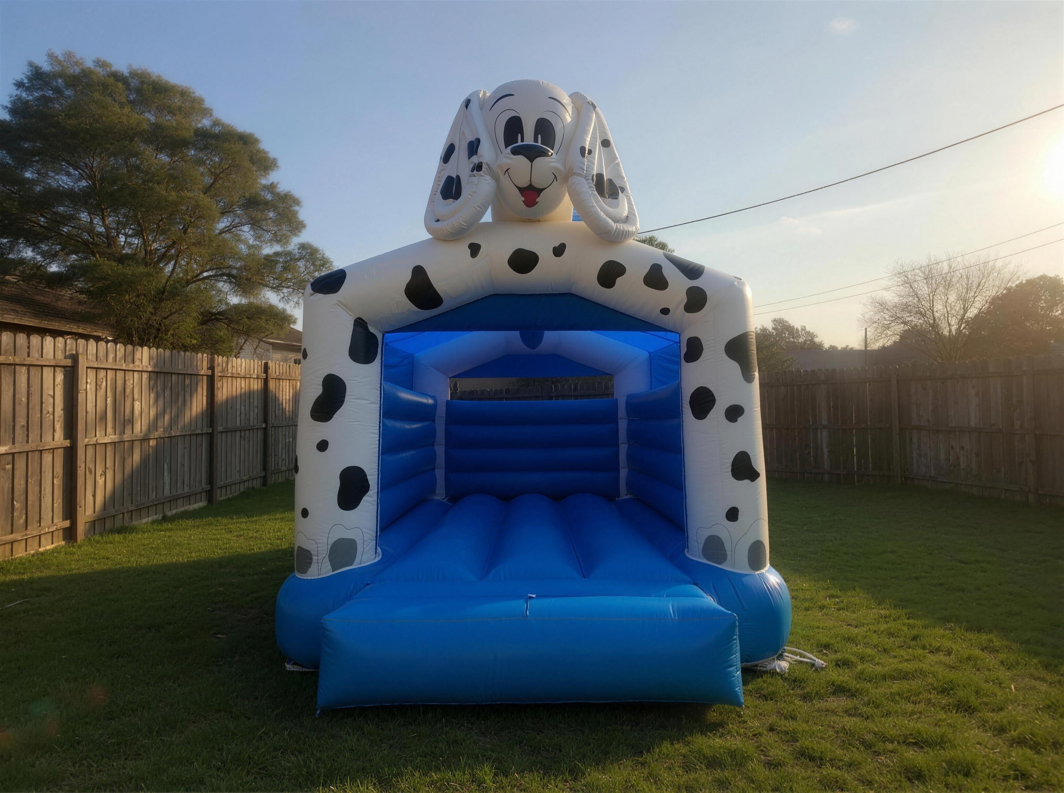 Side view of the 101 Dalmatians jumping castle set up for a backyard birthday party.