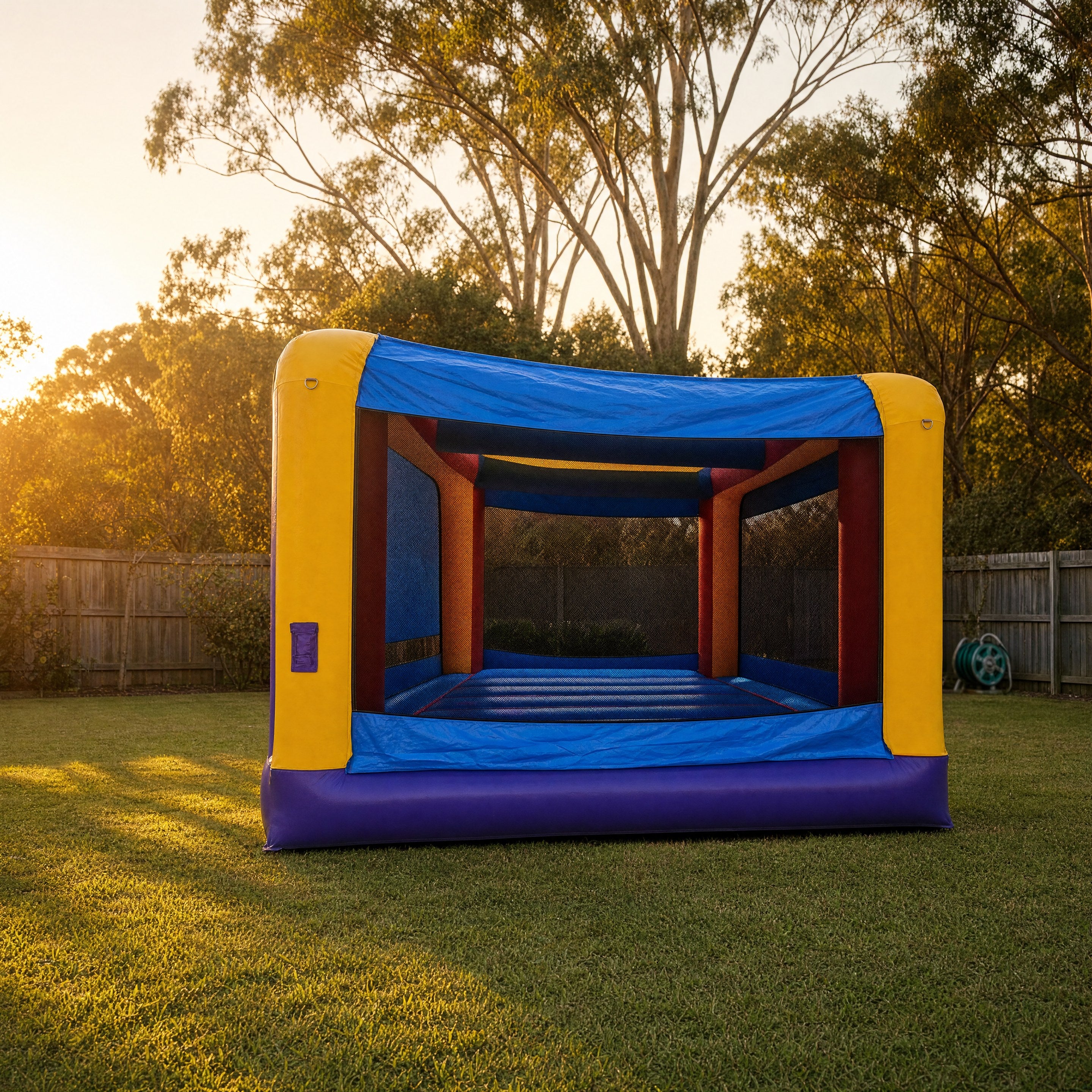 12ft JR Jumping Castle set up in a large Australian backyard showing true size