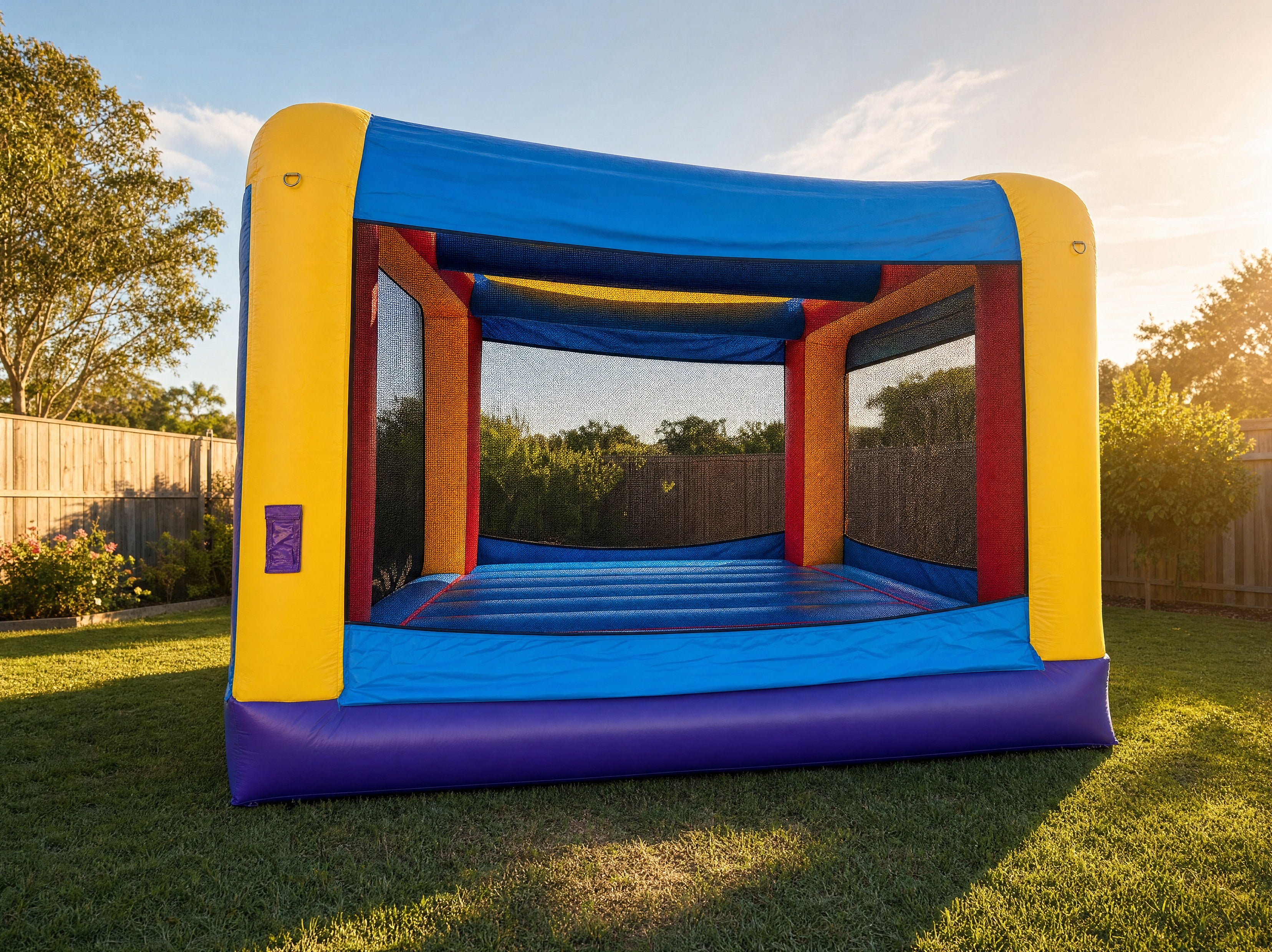 12ft JR Jumping Castle Hire golden hour backyard wide view