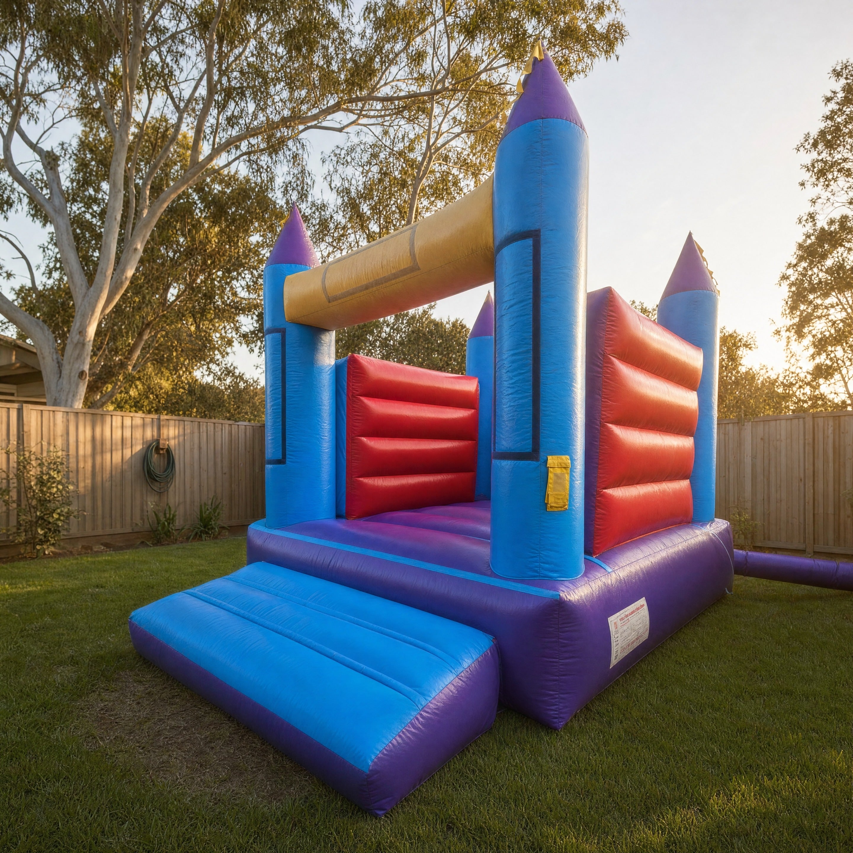 13ft Open Banner Jumping Castle Hire - pulled back view showing true size in a backyard