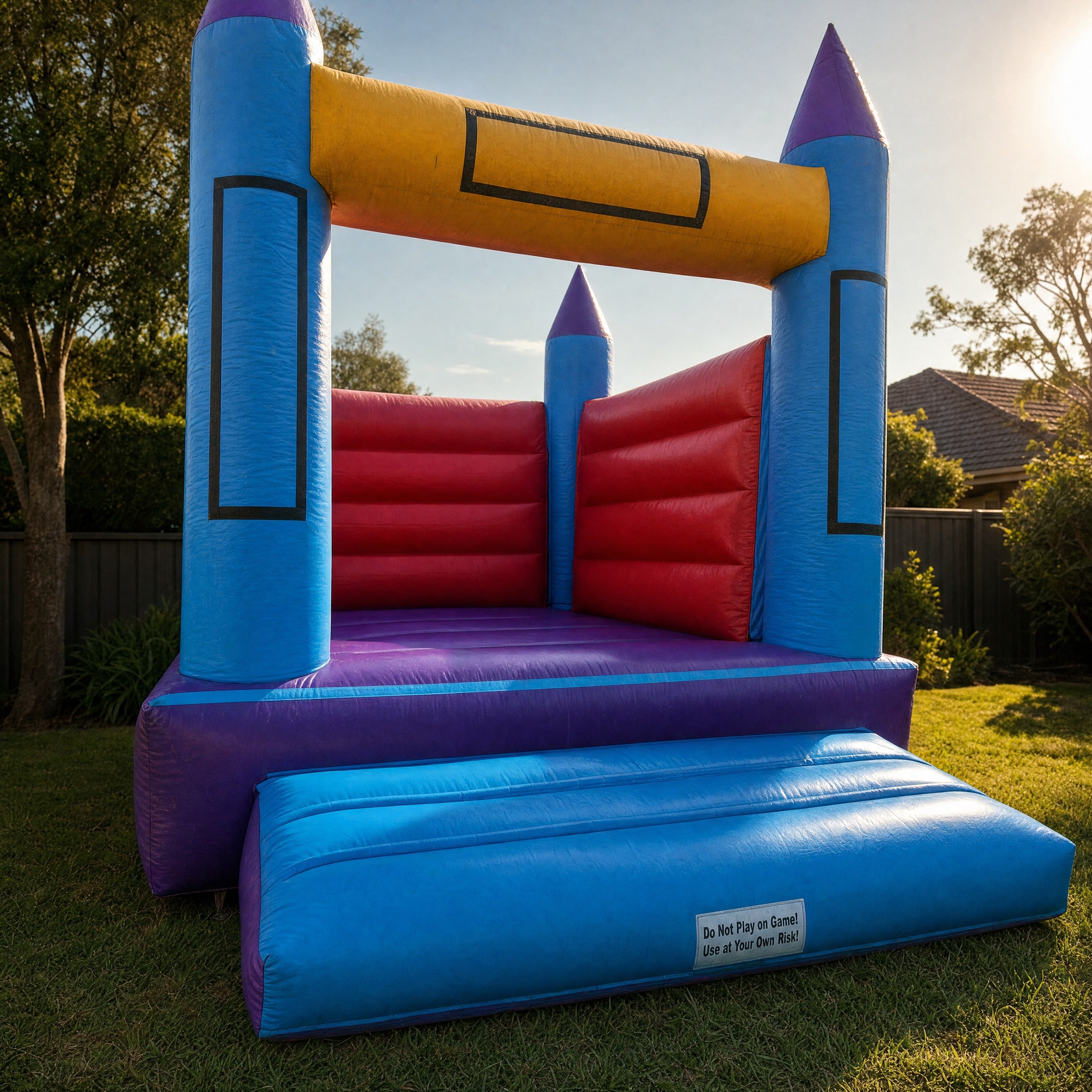 13ft Open Banner Jumping Castle Hire - entrance and landing mat detail