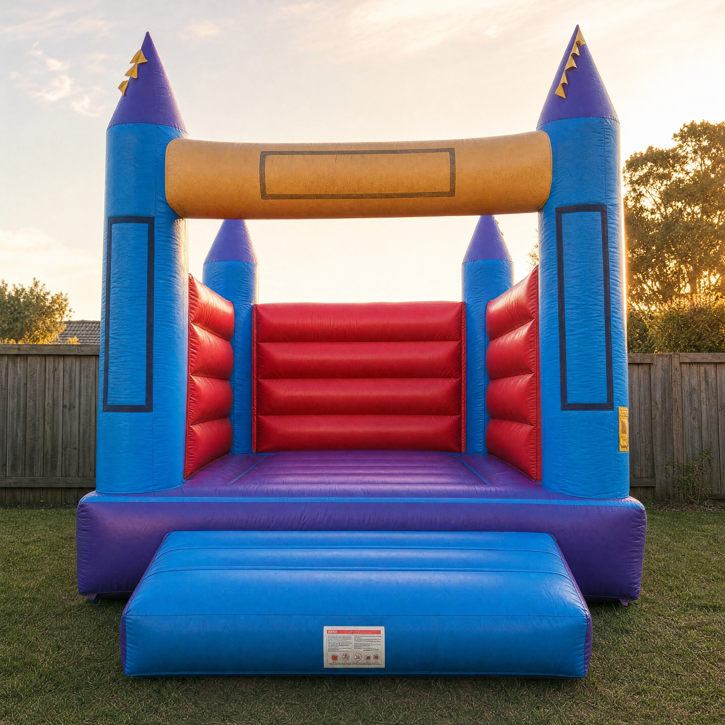 13ft Open Banner Jumping Castle Hire - straight-on front face showing the banner arch