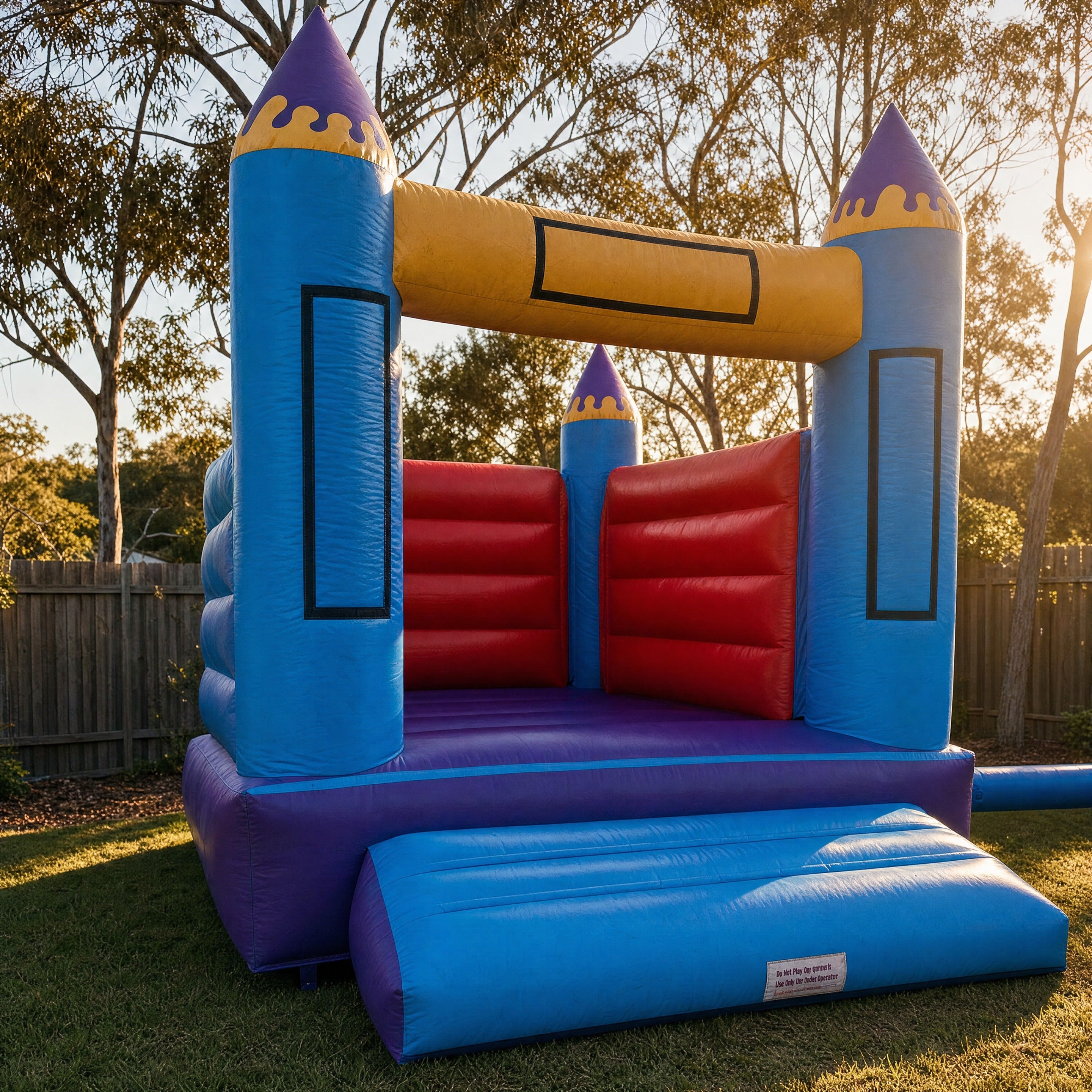 13ft Open Banner Jumping Castle Hire - front three-quarter view of the real castle in a Central Coast backyard