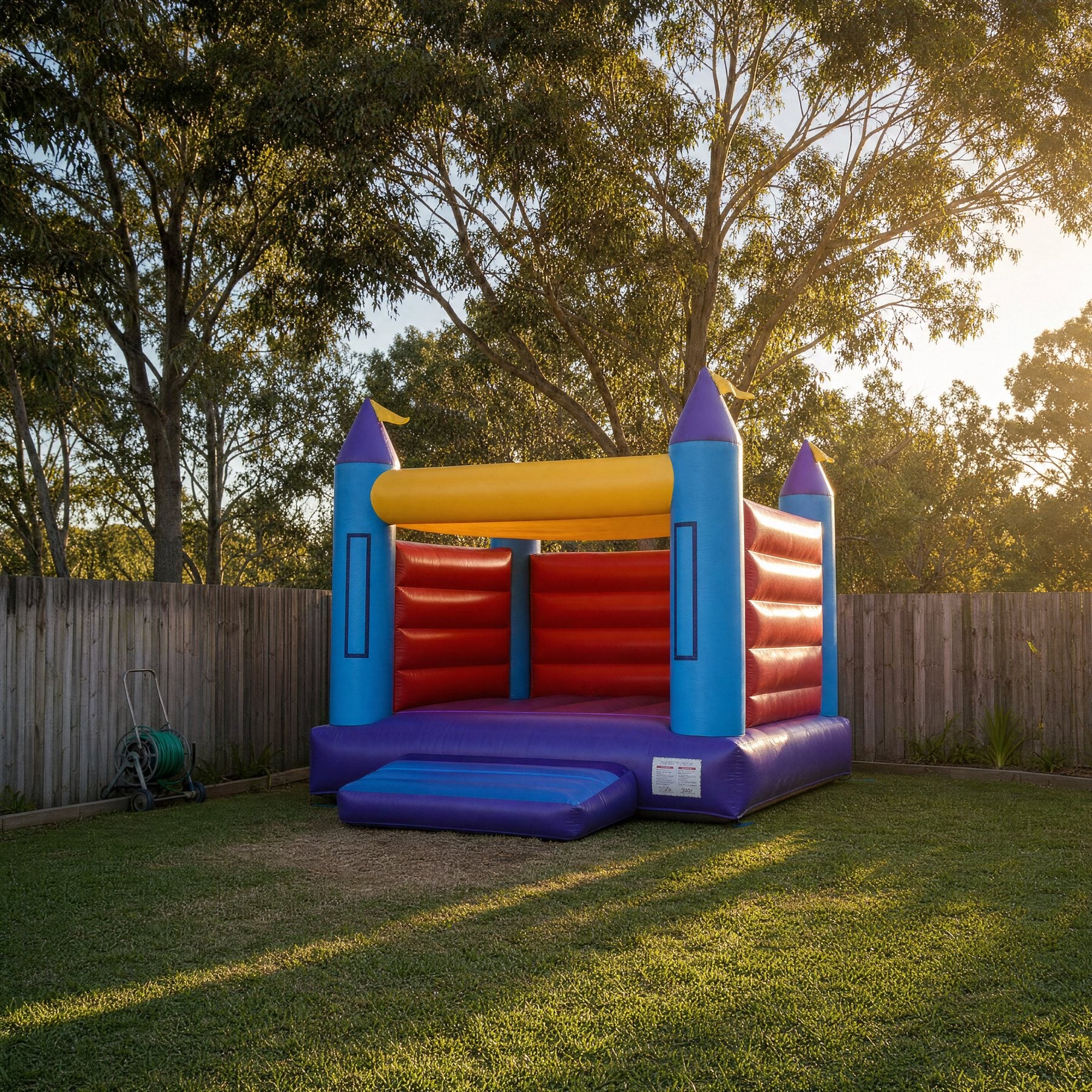 Wide backyard view showing the true scale of the 14ft Open Banner Jumping Castle