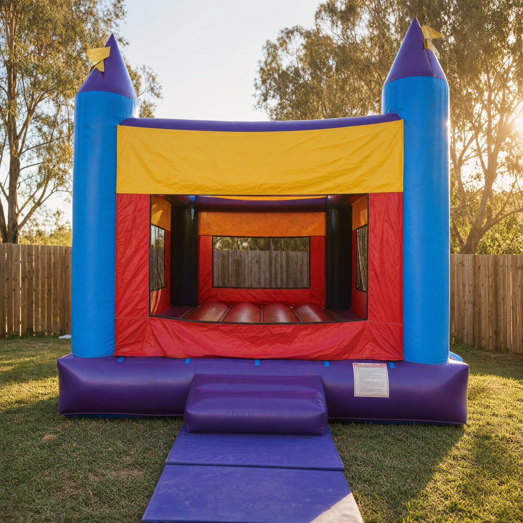 Entrance view into the 14ft Open Banner Jumping Castle showing the padded bounce floor