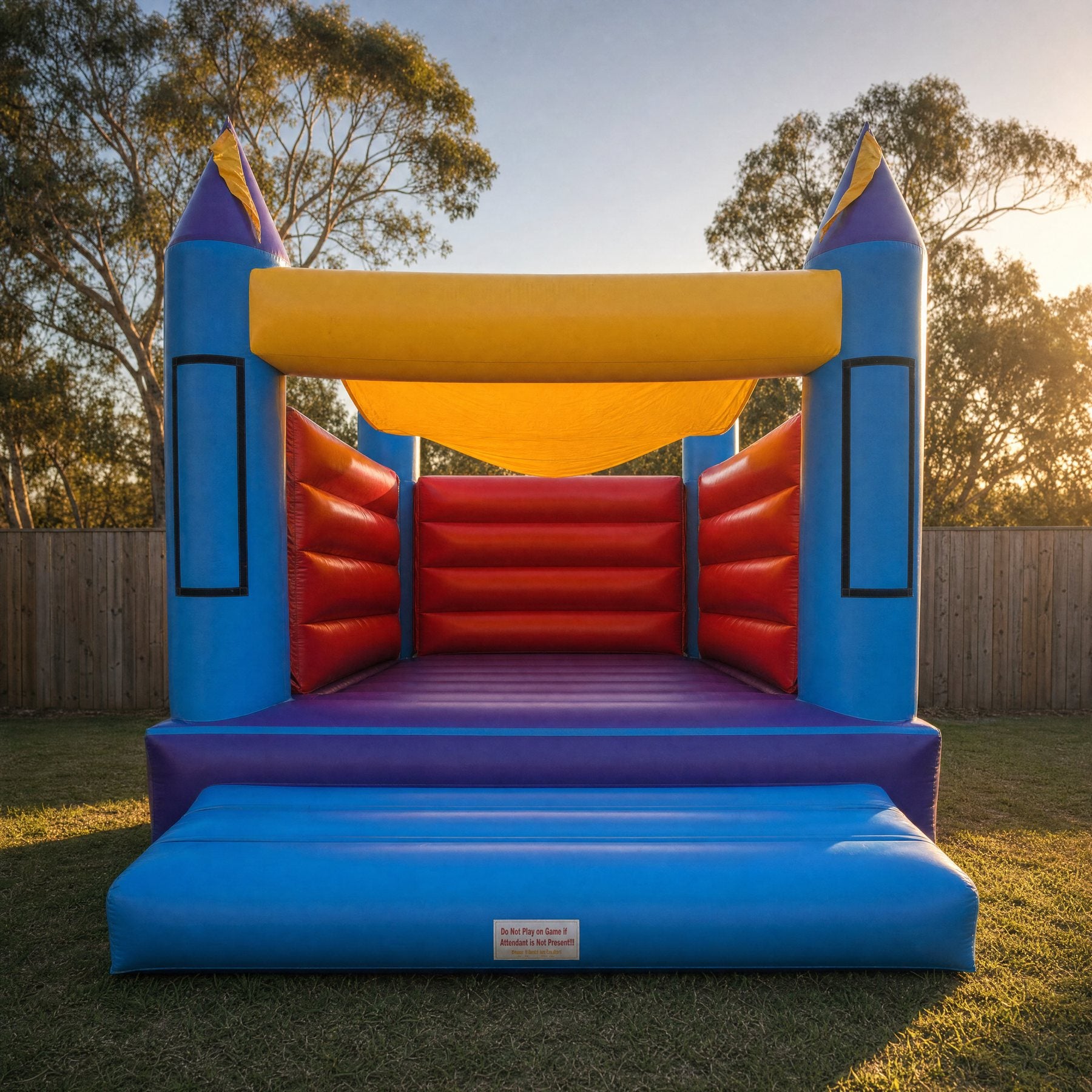 Straight-on front view of the 14ft Open Banner Jumping Castle