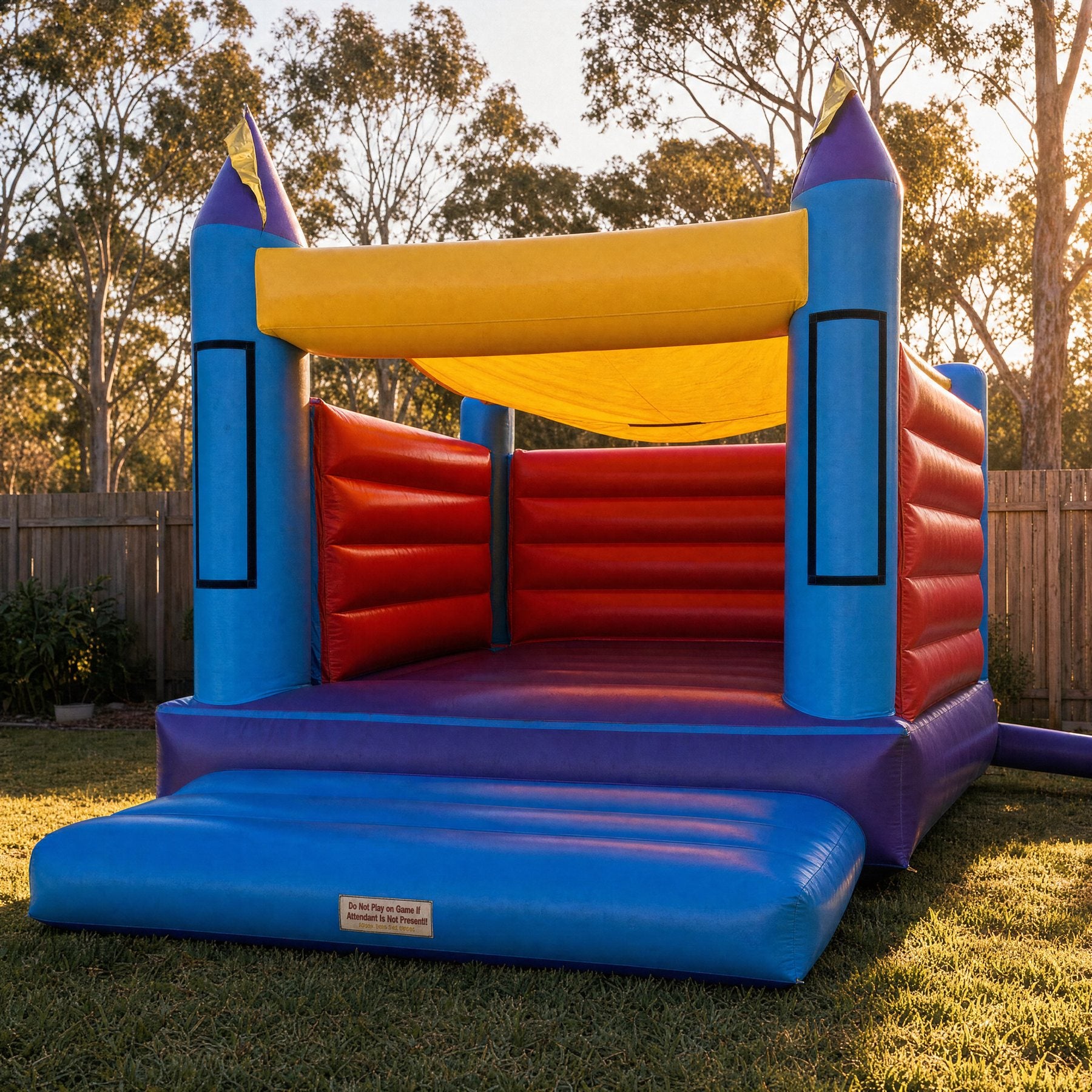 14ft Open Banner Jumping Castle in a Central Coast backyard at golden hour