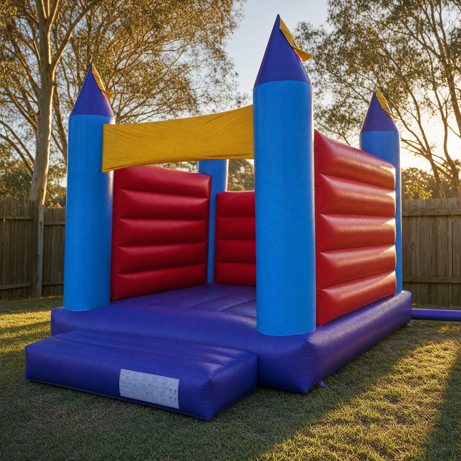 Side profile of the 14ft Open Banner Jumping Castle against a timber fence