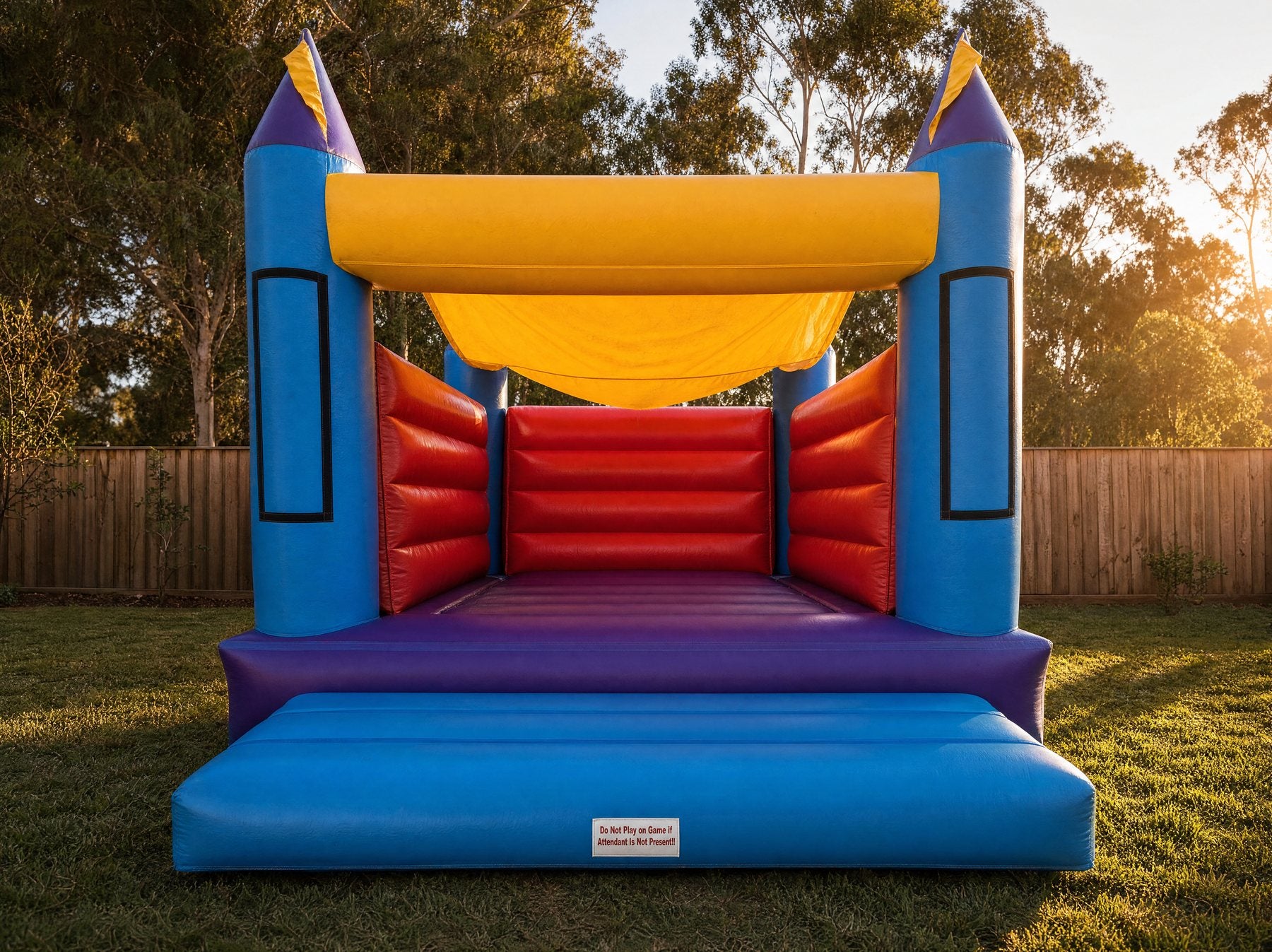 Landscape front view of the 14ft Open Banner Jumping Castle showing the banner arch