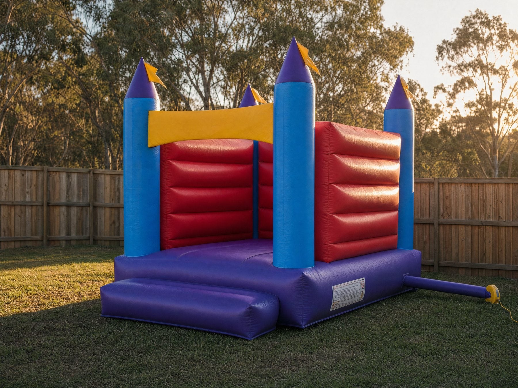 Rear scale view of the 14ft Open Banner Jumping Castle in a Central Coast backyard