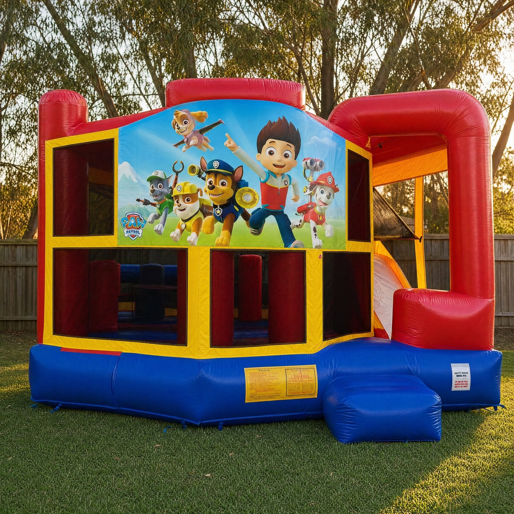 Straight-on front view of the 5in1 Banner Castle Combo banner panel (shown with the Paw Patrol banner, choose your theme at booking)