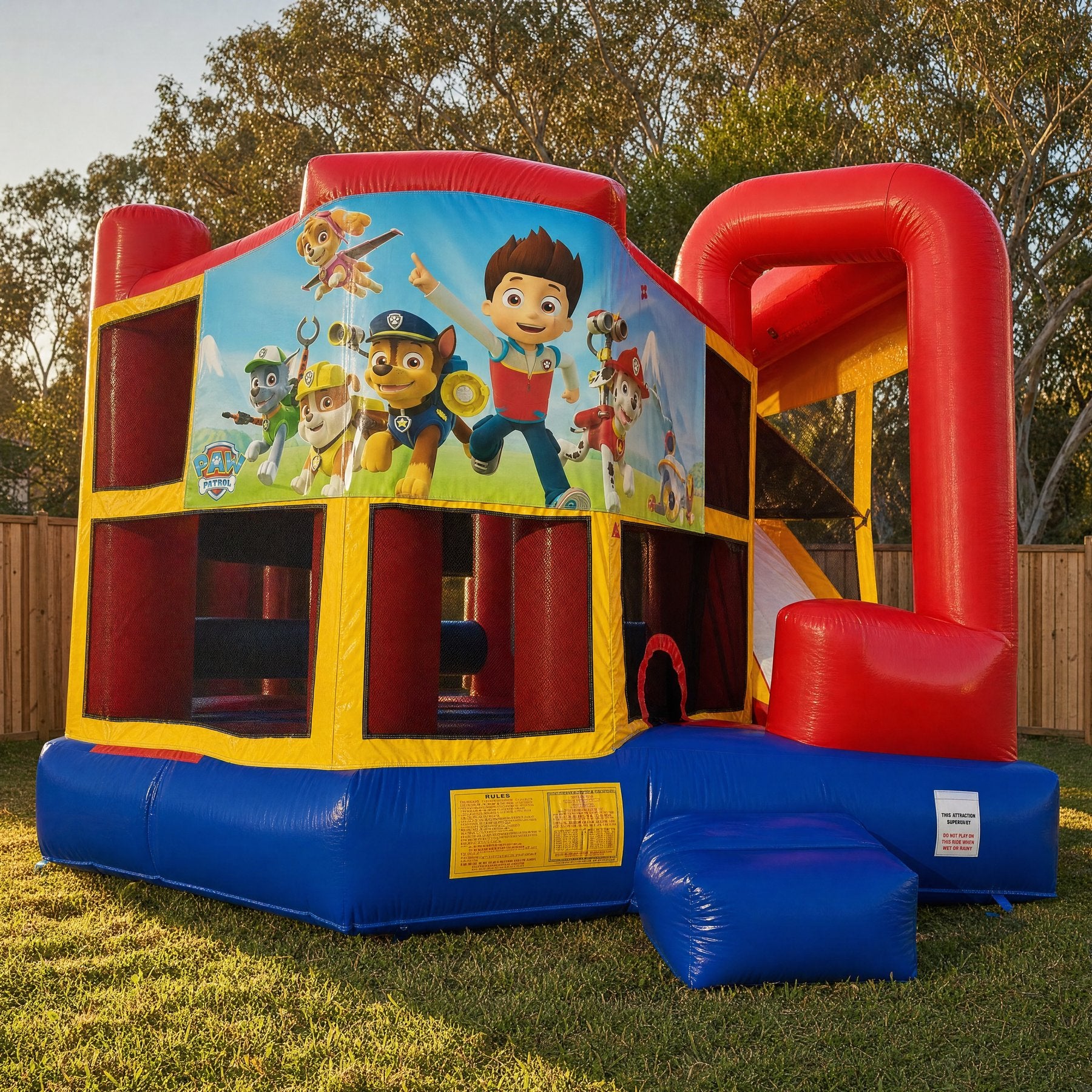 5in1 Banner Castle Combo in a backyard at golden hour (shown with the Paw Patrol banner, choose your theme at booking)
