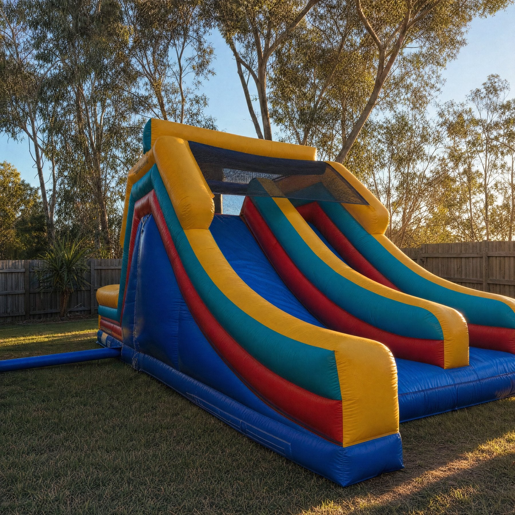 Adrenaline Rush Obstacle Challenge Hire - pulled back view showing true size in a backyard