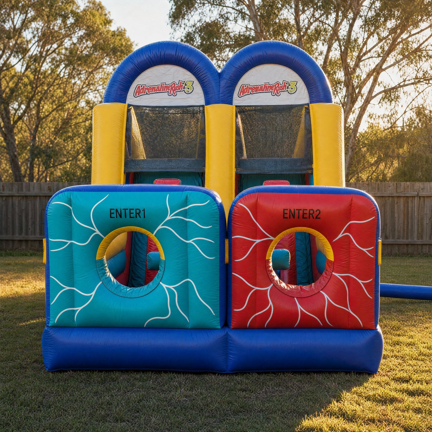Adrenaline Rush Obstacle Challenge Hire - straight-on front face showing both entrance archways