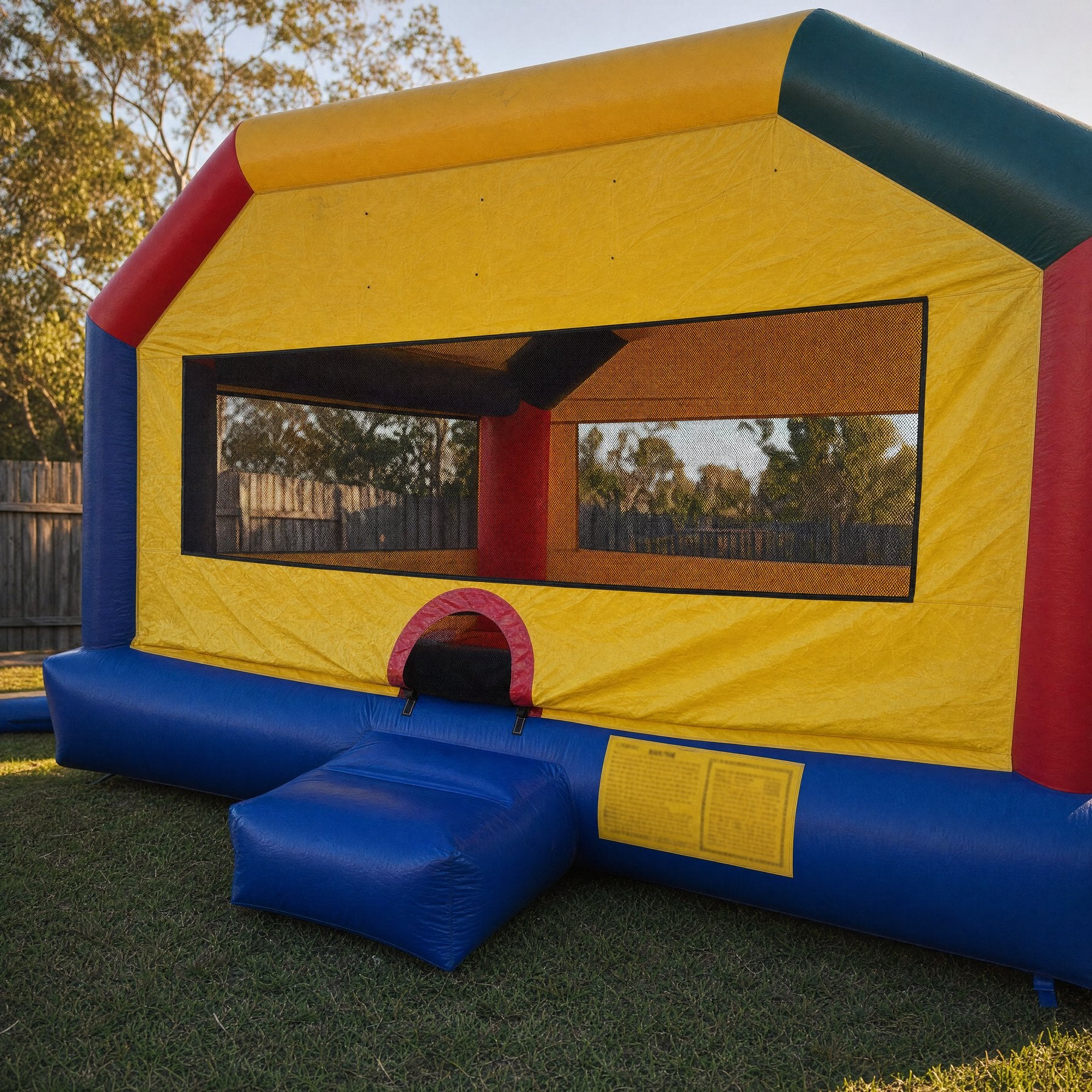 Close-up of the red entry ramp and safety placard on an adult jumping castle