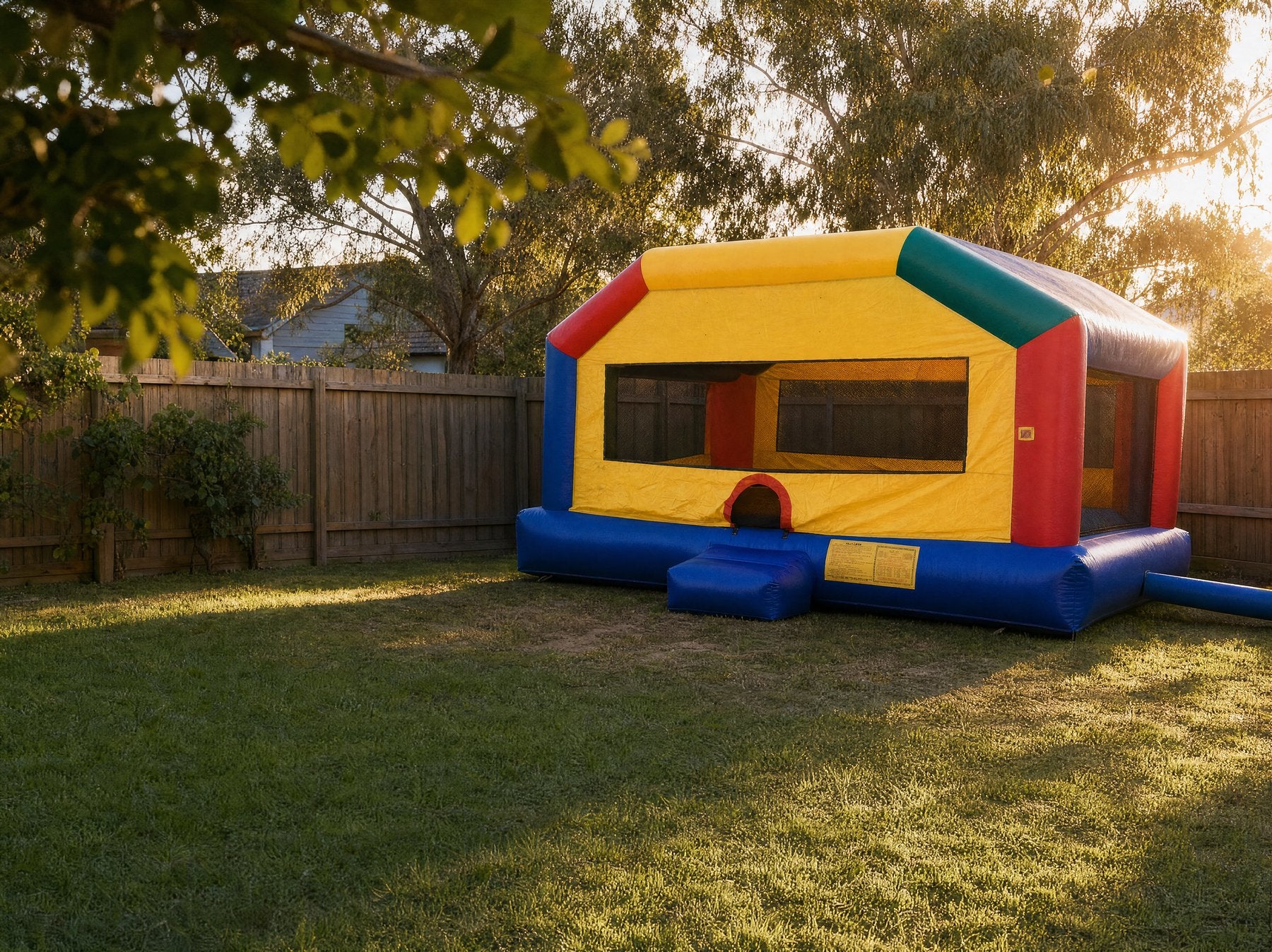 Wide view of an adult jumping castle filling a backyard with a timber fence behind