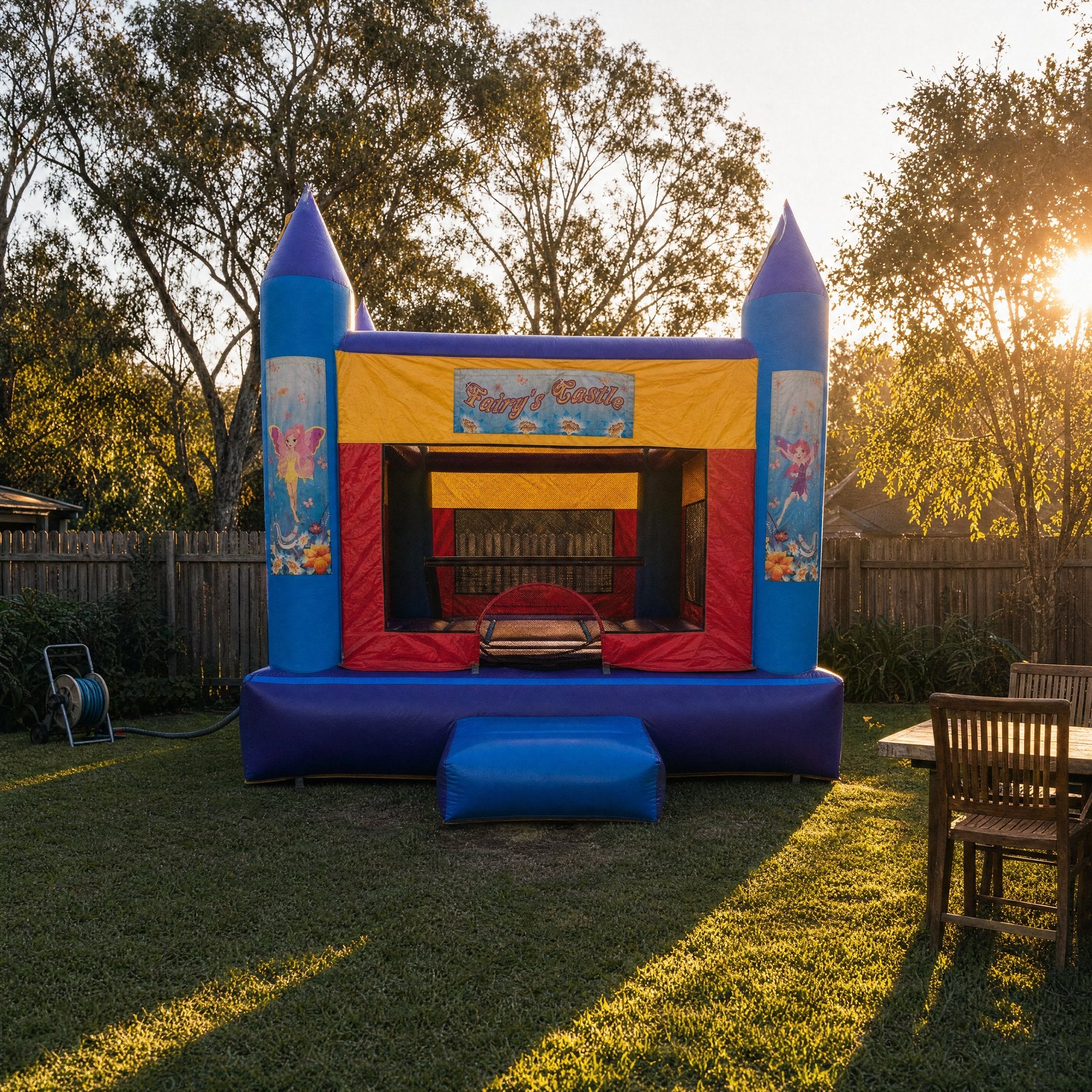 Wide view of an AM Banner jumping castle filling a backyard with a timber fence behind