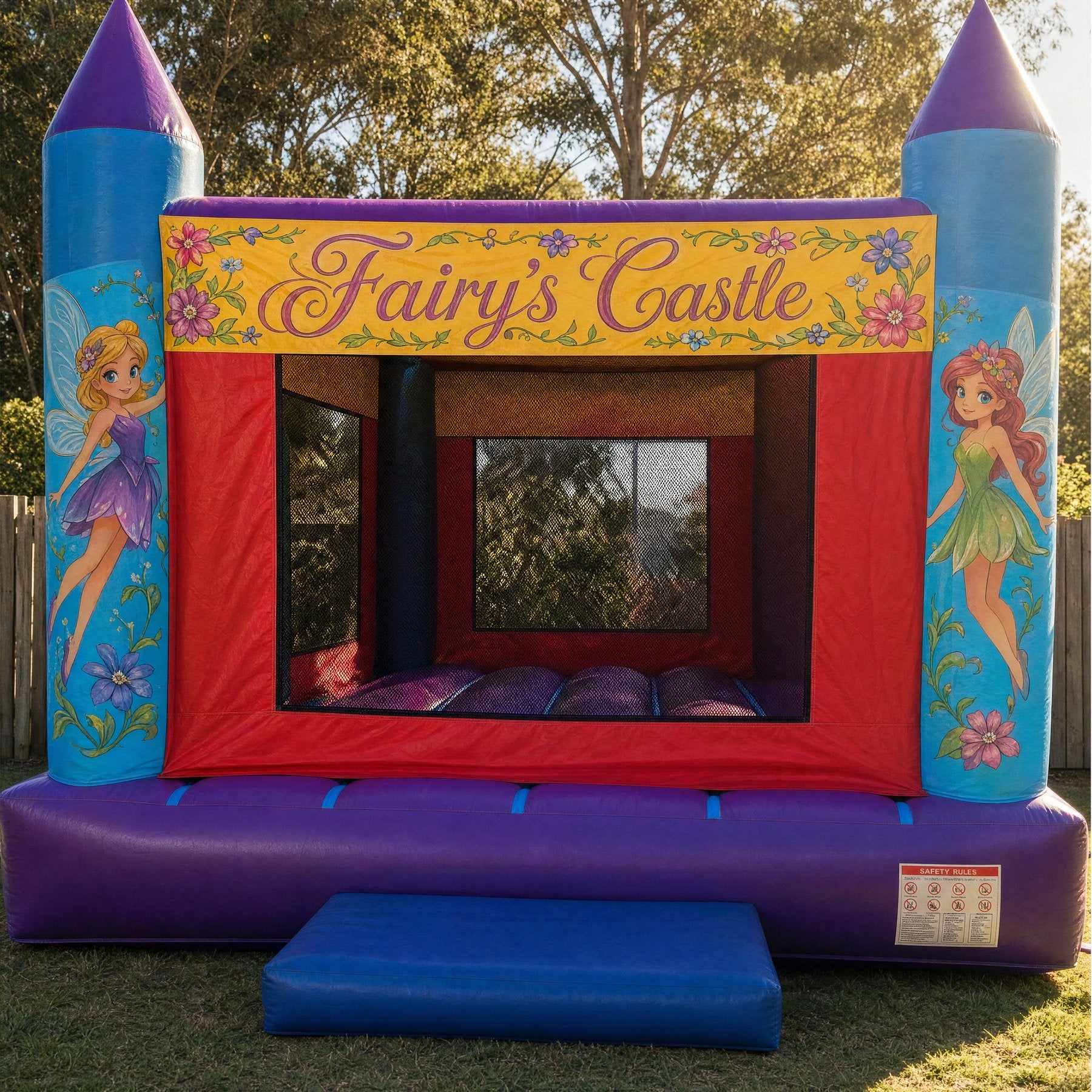 Close-up of the entrance and safety placard on the AM Banner jumping castle