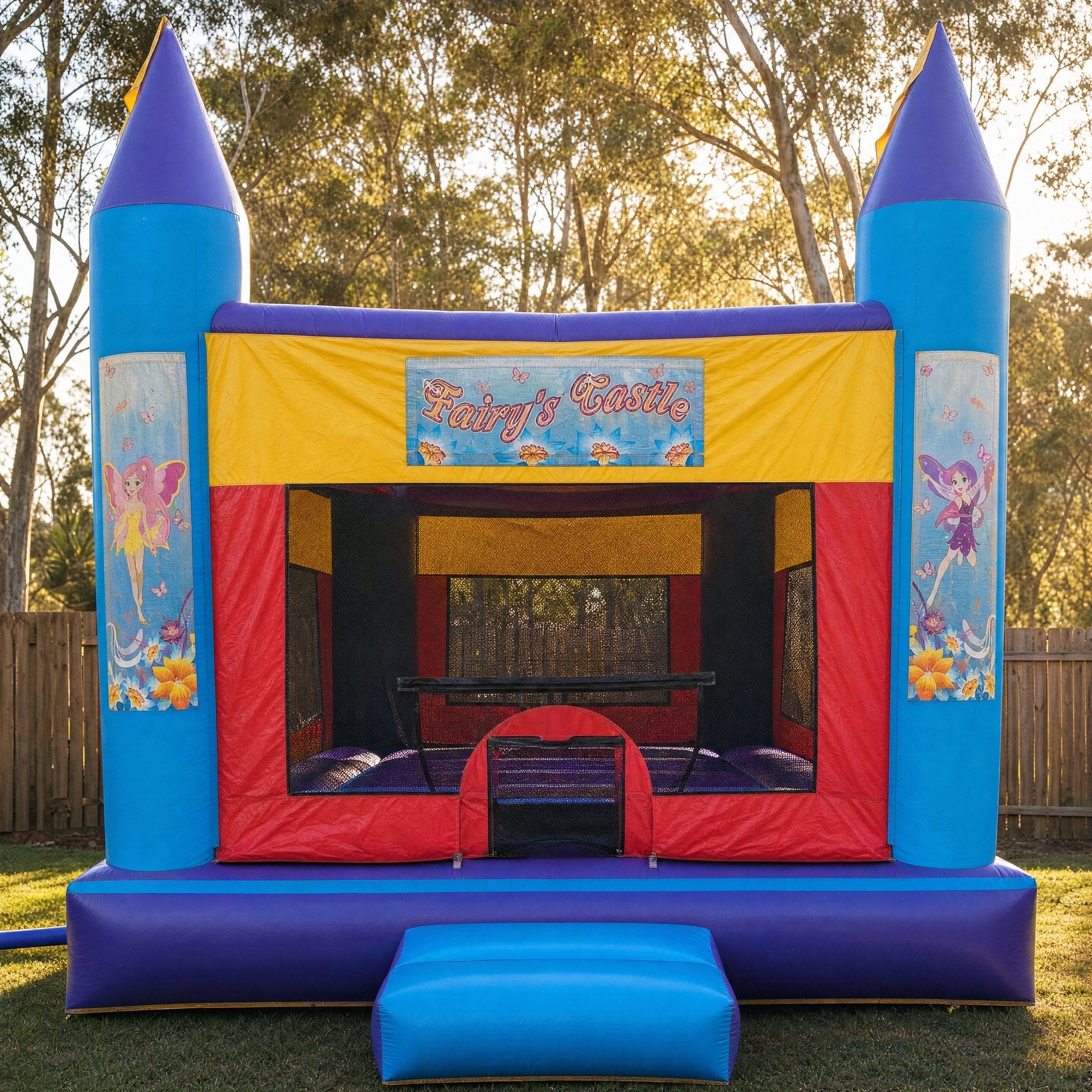 Straight-on front view of a purple and blue jumping castle with a Fairy's Castle banner