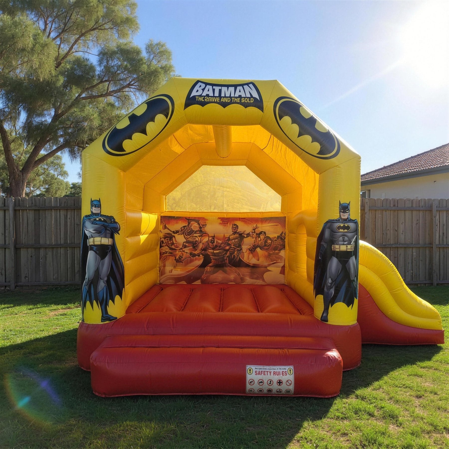 Batman Castle with Slide Combo Hire Central Coast - straight-on front face showing the Batman artwork