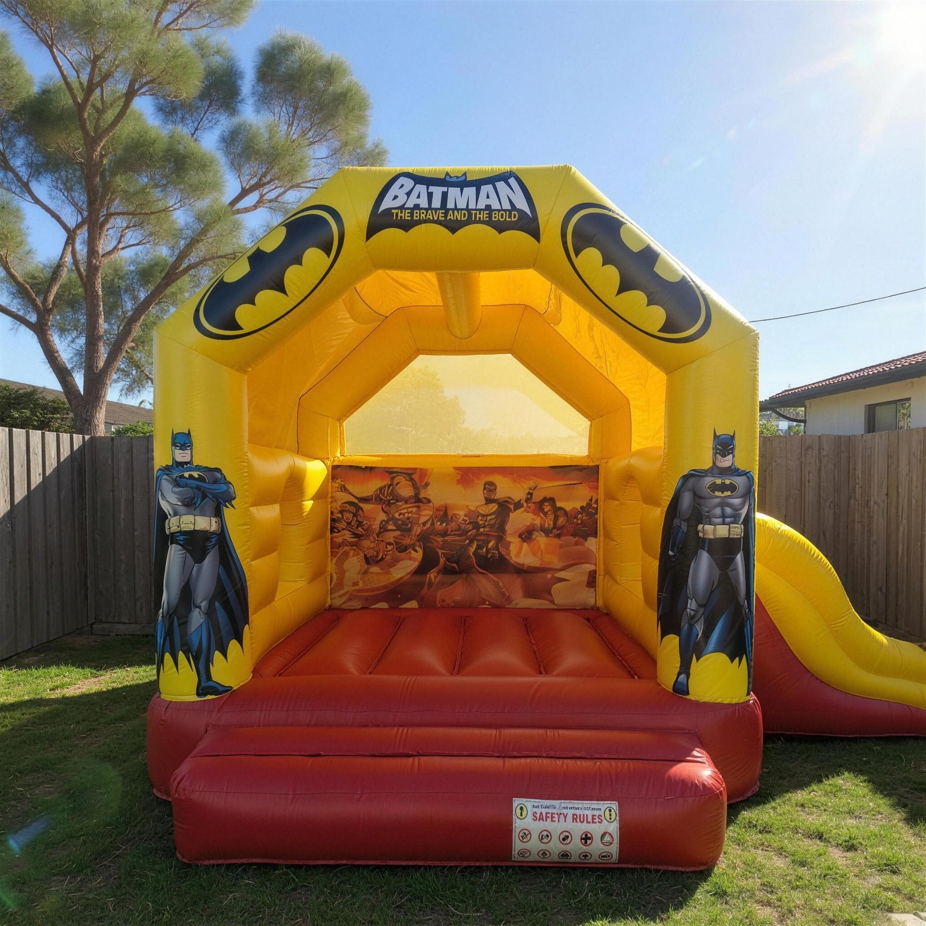 Batman Castle with Slide Combo Hire Central Coast - front three-quarter view of the real castle in a Central Coast backyard