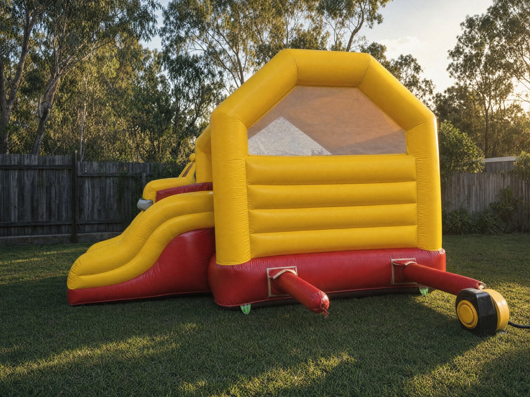 Batman Castle with Slide Combo Hire Central Coast - pulled back view showing true size in a backyard