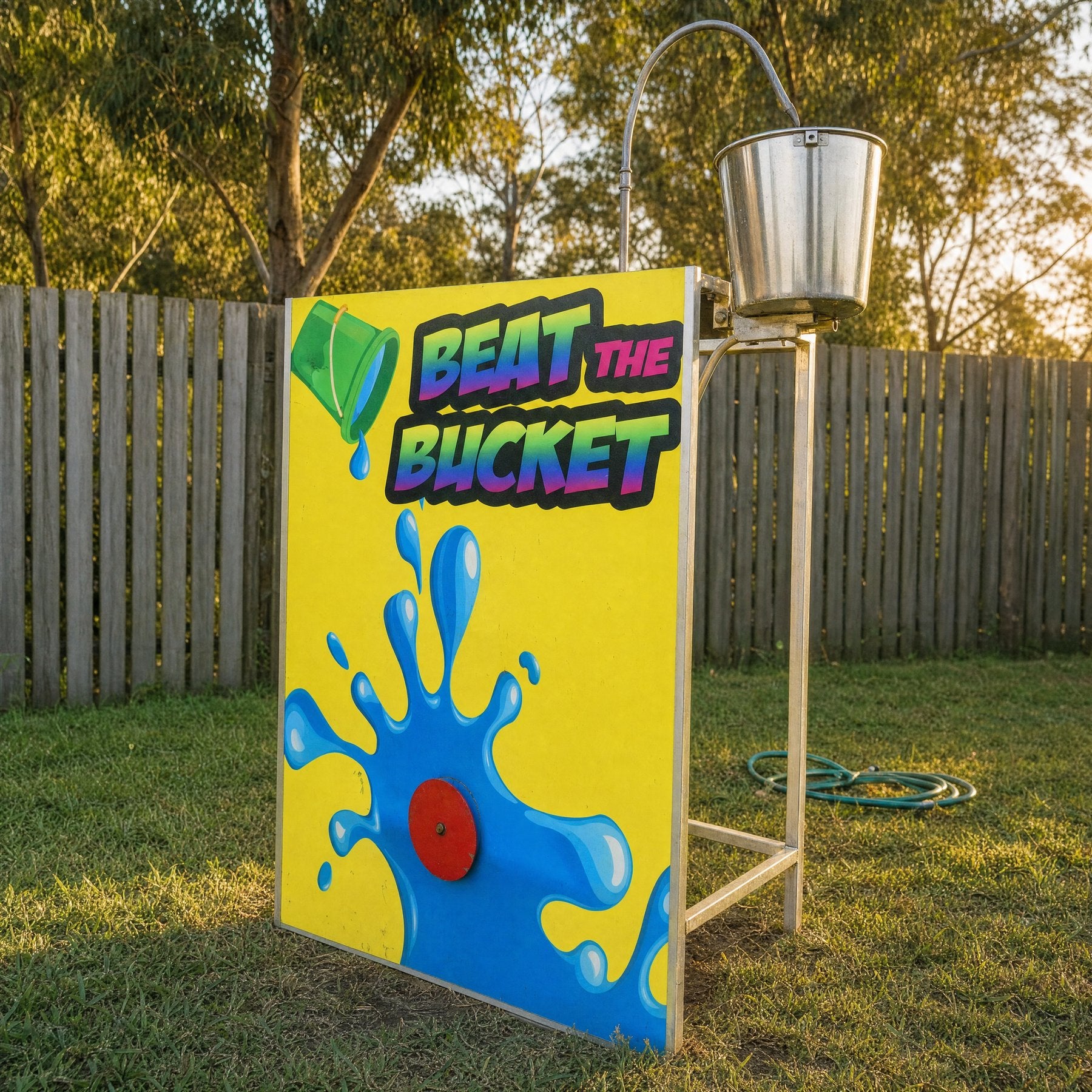 Beat the Bucket Hire on the Central Coast - closer front view showing the title and target