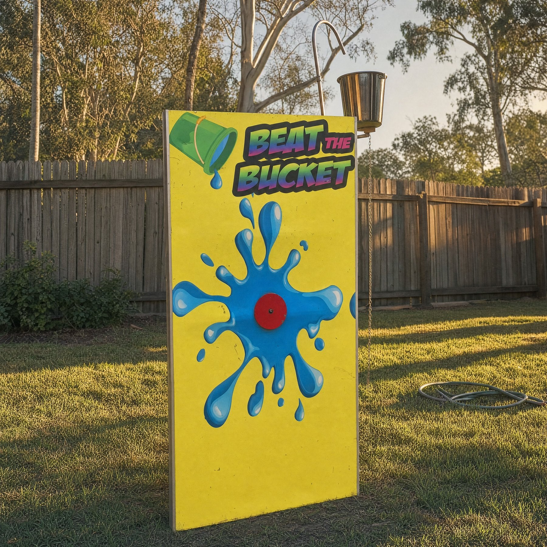 Beat the Bucket Hire on the Central Coast - front three-quarter view in a real backyard