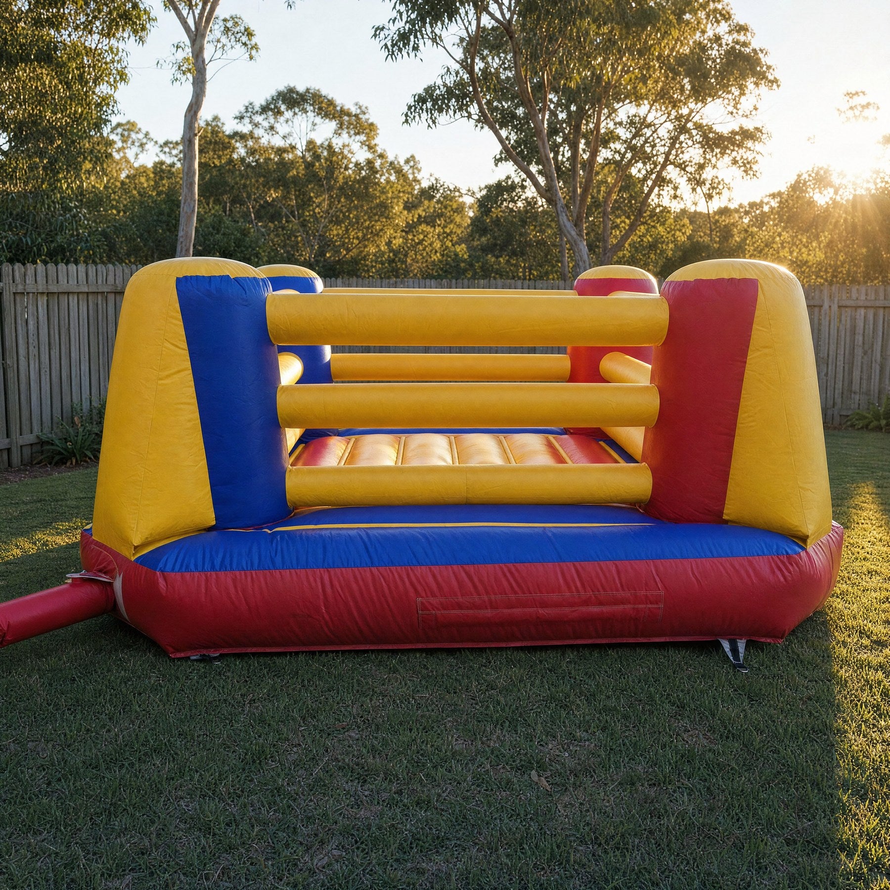Inflatable Boxing Ring Hire - pulled back view showing true size in a backyard