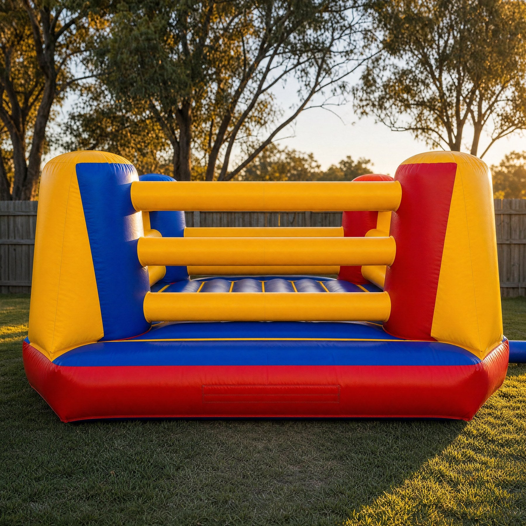 Inflatable Boxing Ring Hire - straight-on front elevation showing the alternating blue and red corner posts
