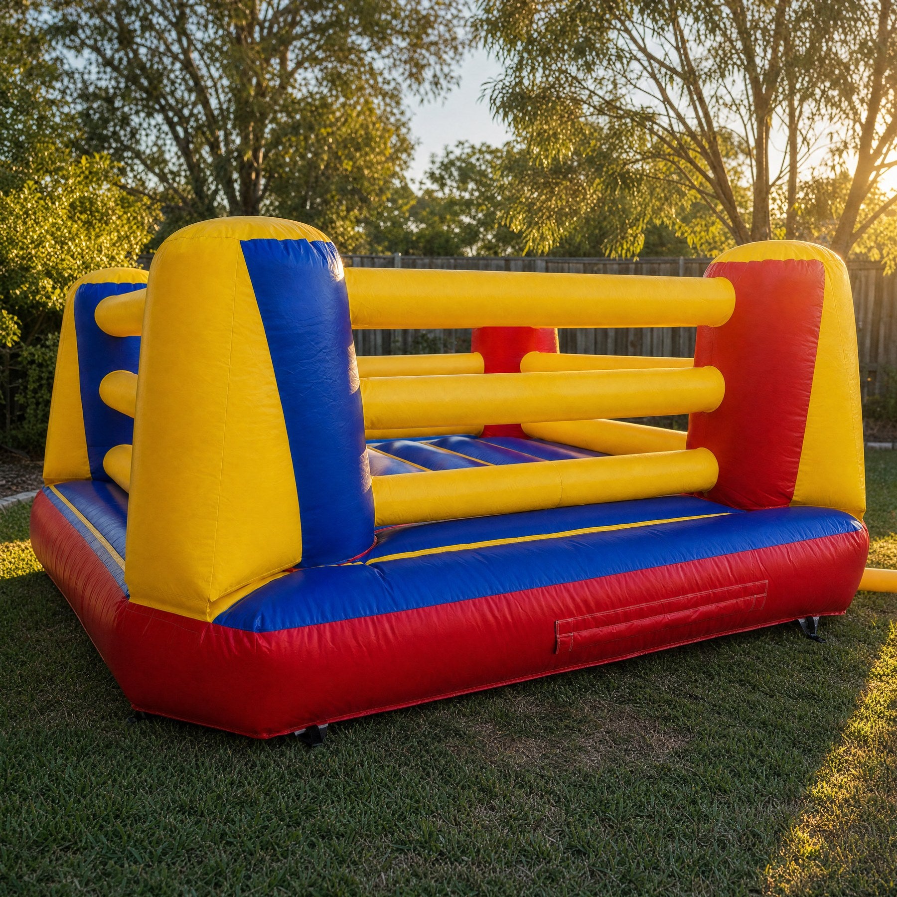 Inflatable Boxing Ring Hire - front three-quarter view of the real ring in a Central Coast backyard