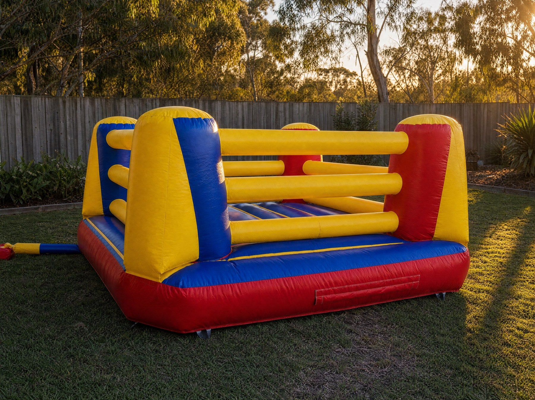 Inflatable Boxing Ring Hire - wide backyard scale view