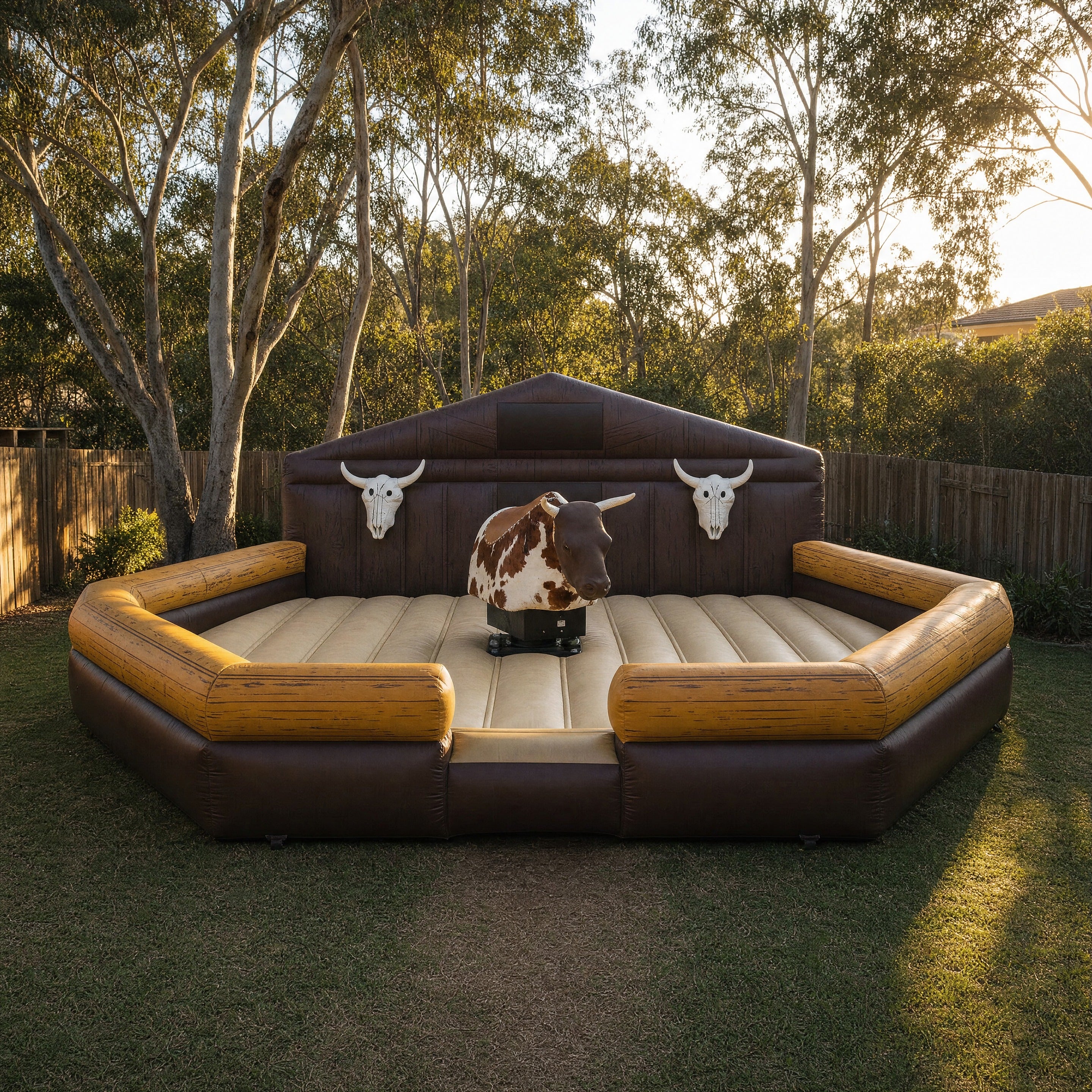 Bucking bull hire arena shown at full scale in a Central Coast backyard with fence and trees