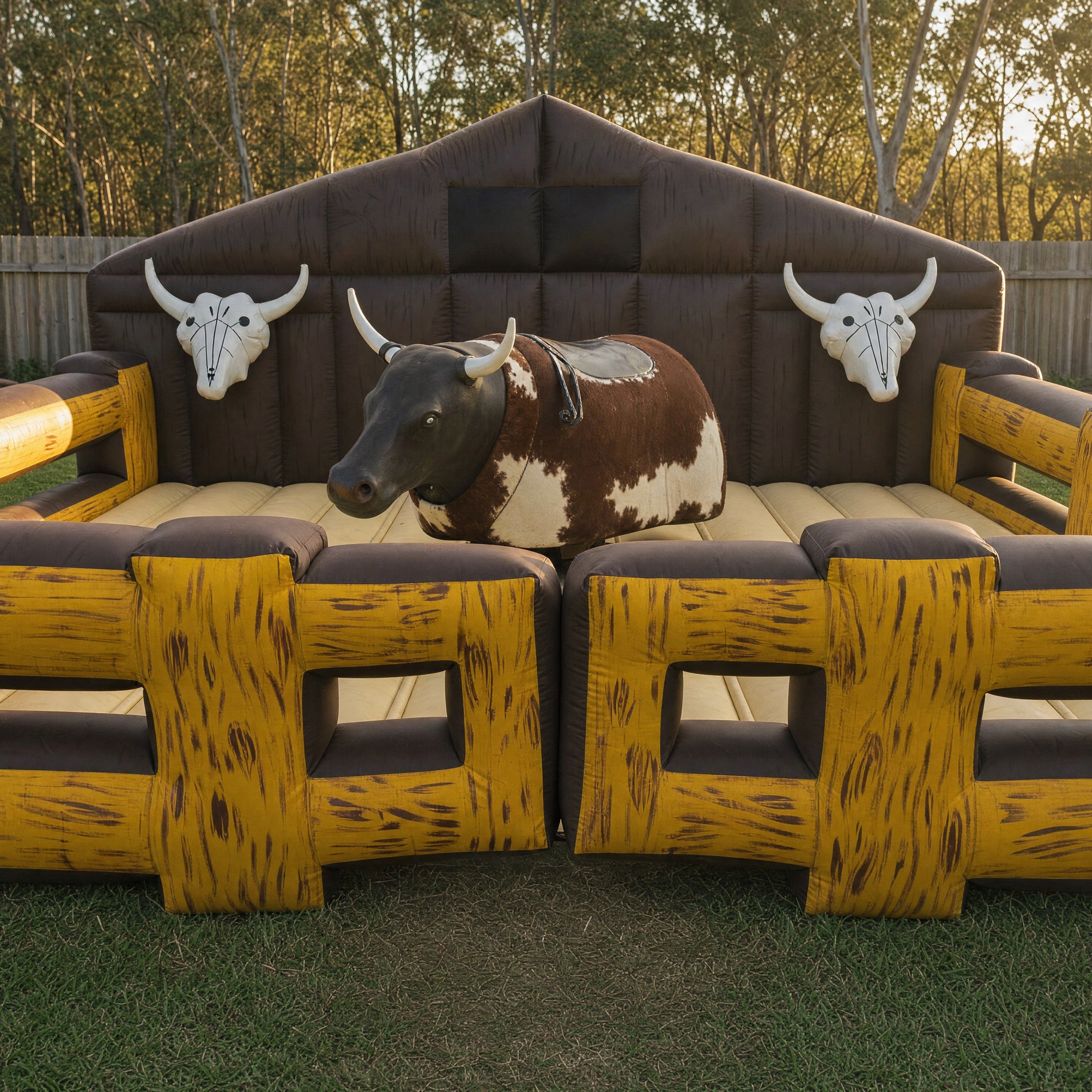 Close detail of the mechanical bull inside the padded inflatable safety arena, bucking bull hire Central Coast
