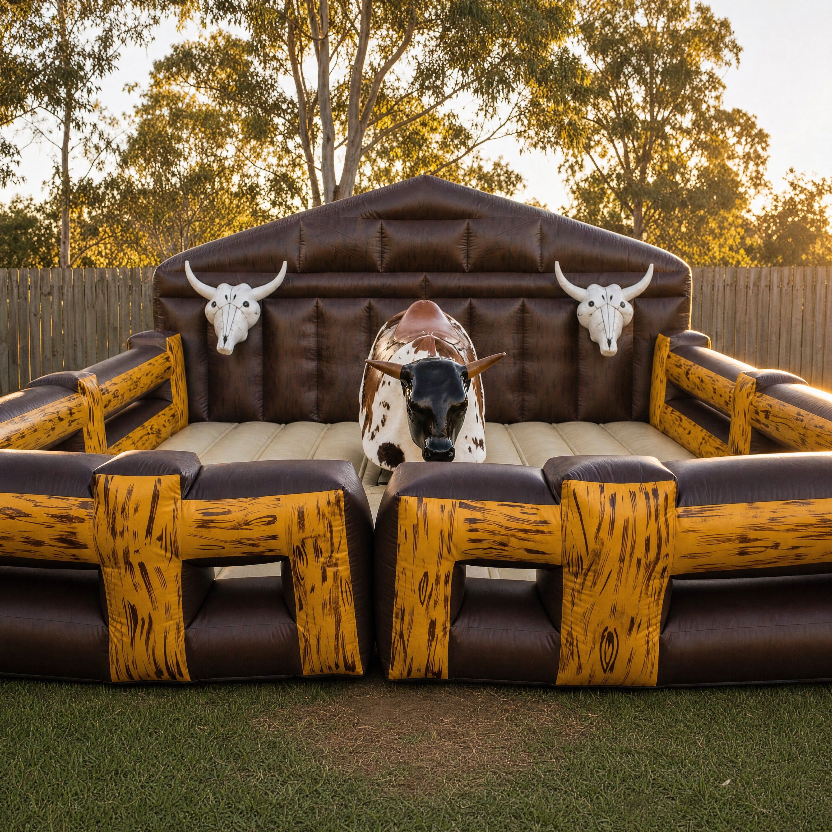 Bucking bull arena front elevation showing the padded cow-skull back wall, Jump About party hire Central Coast