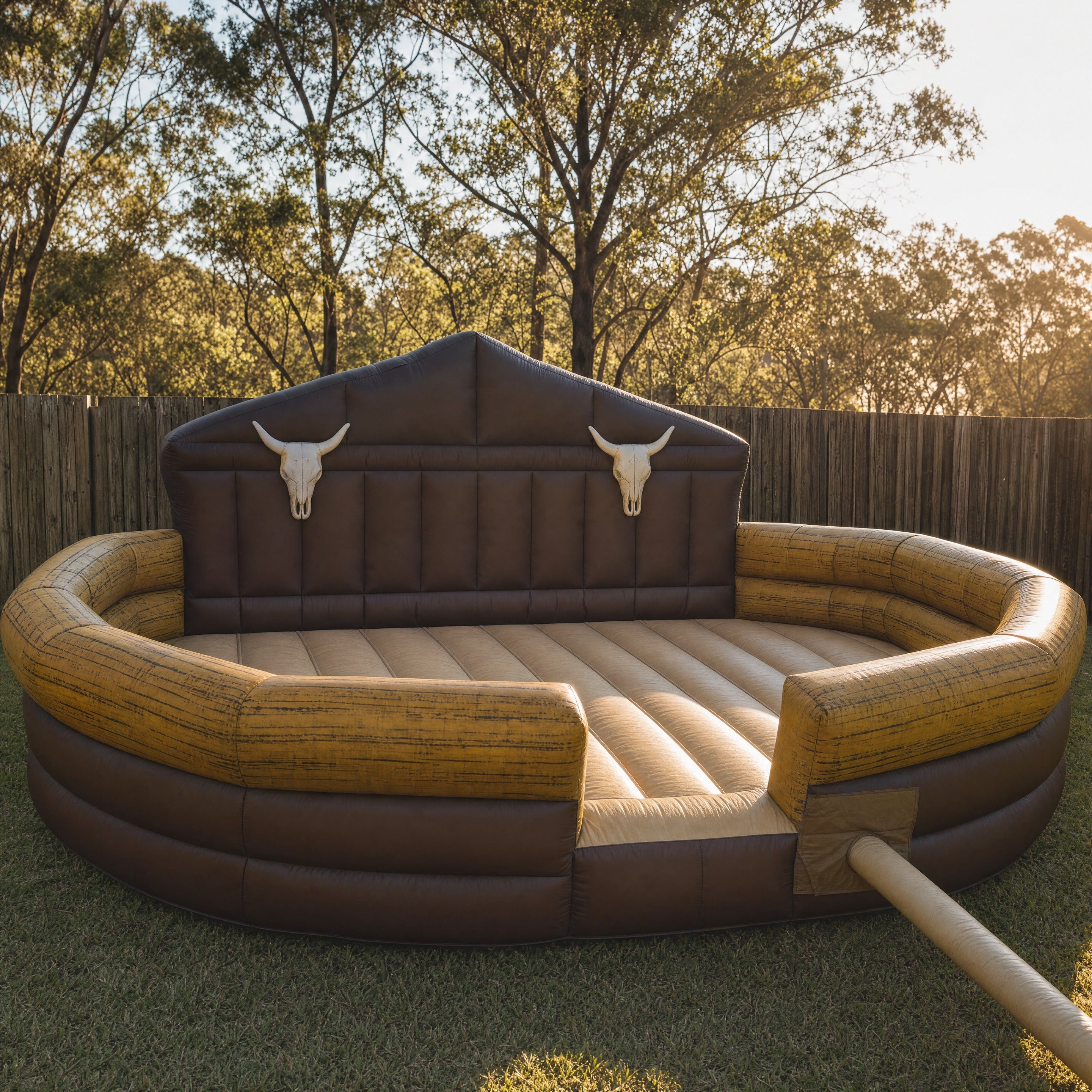 Rear view of the bucking bull inflatable arena showing the blower tube, Jump About party hire setup