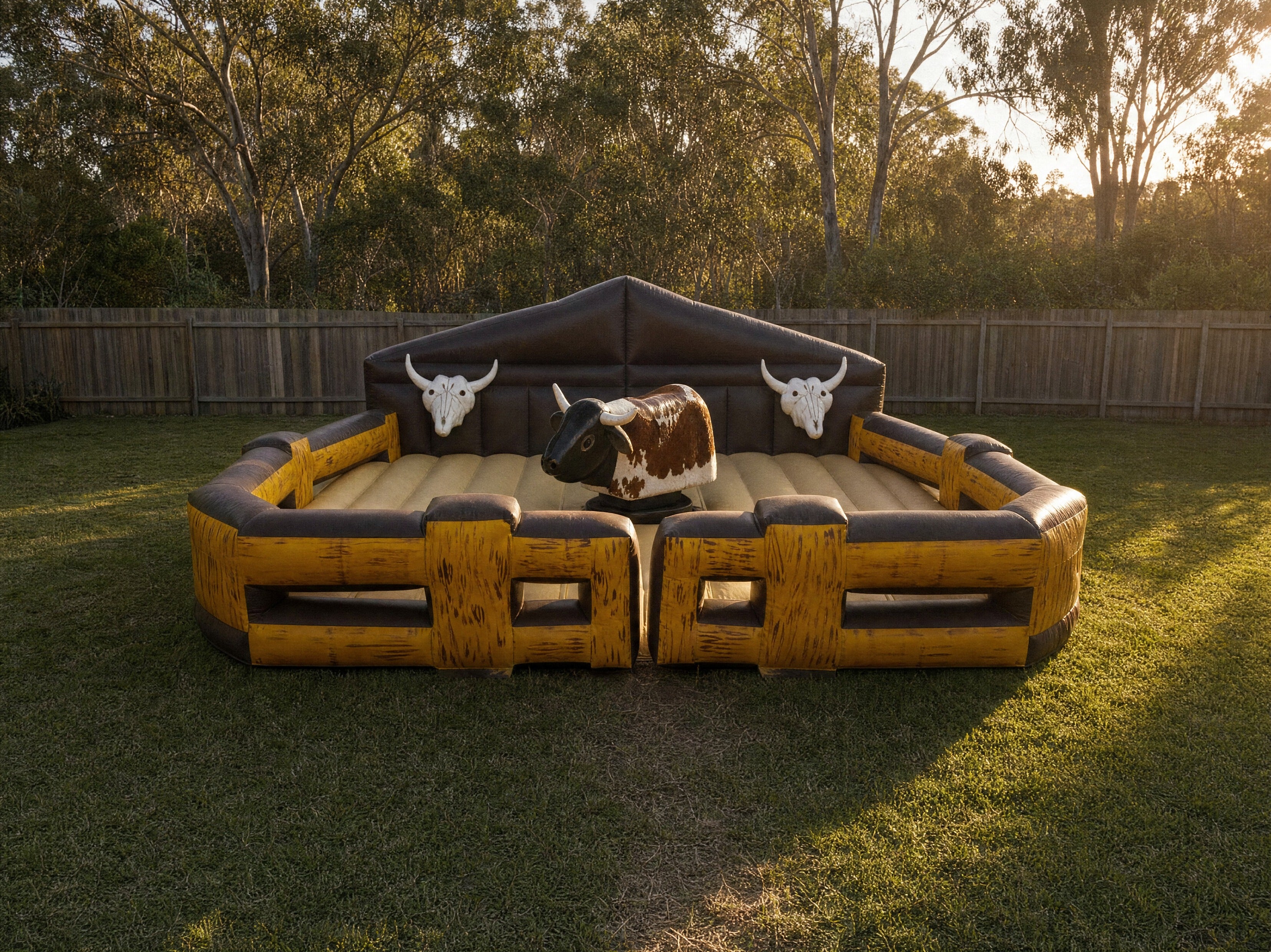 Bucking bull hire arena pulled back to show full backyard context, Central Coast party hire