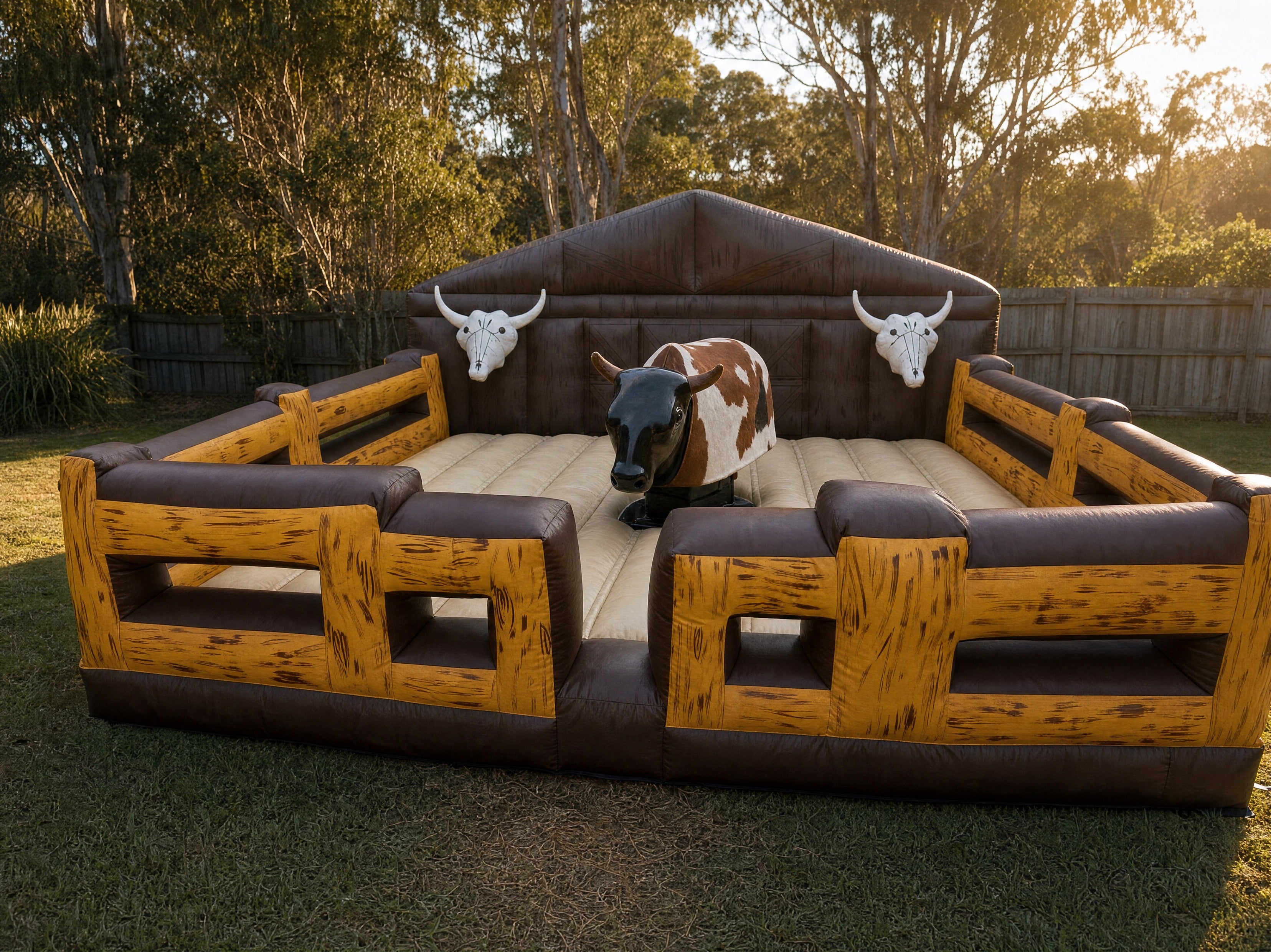 Bucking bull hire arena dramatic low angle view, Jump About party hire Central Coast