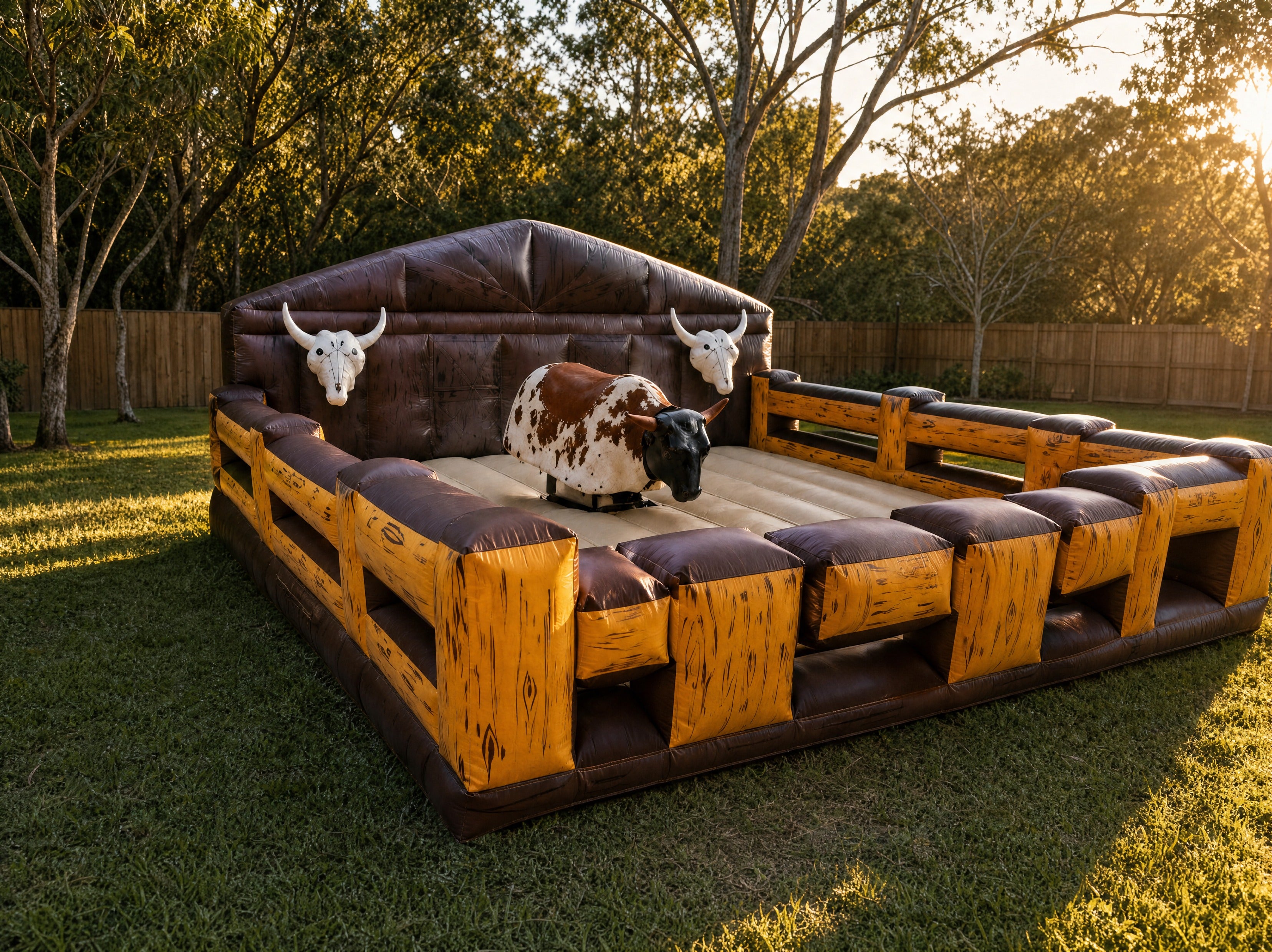 Bucking bull hire inflatable arena in a Central Coast backyard, wide desktop gallery view
