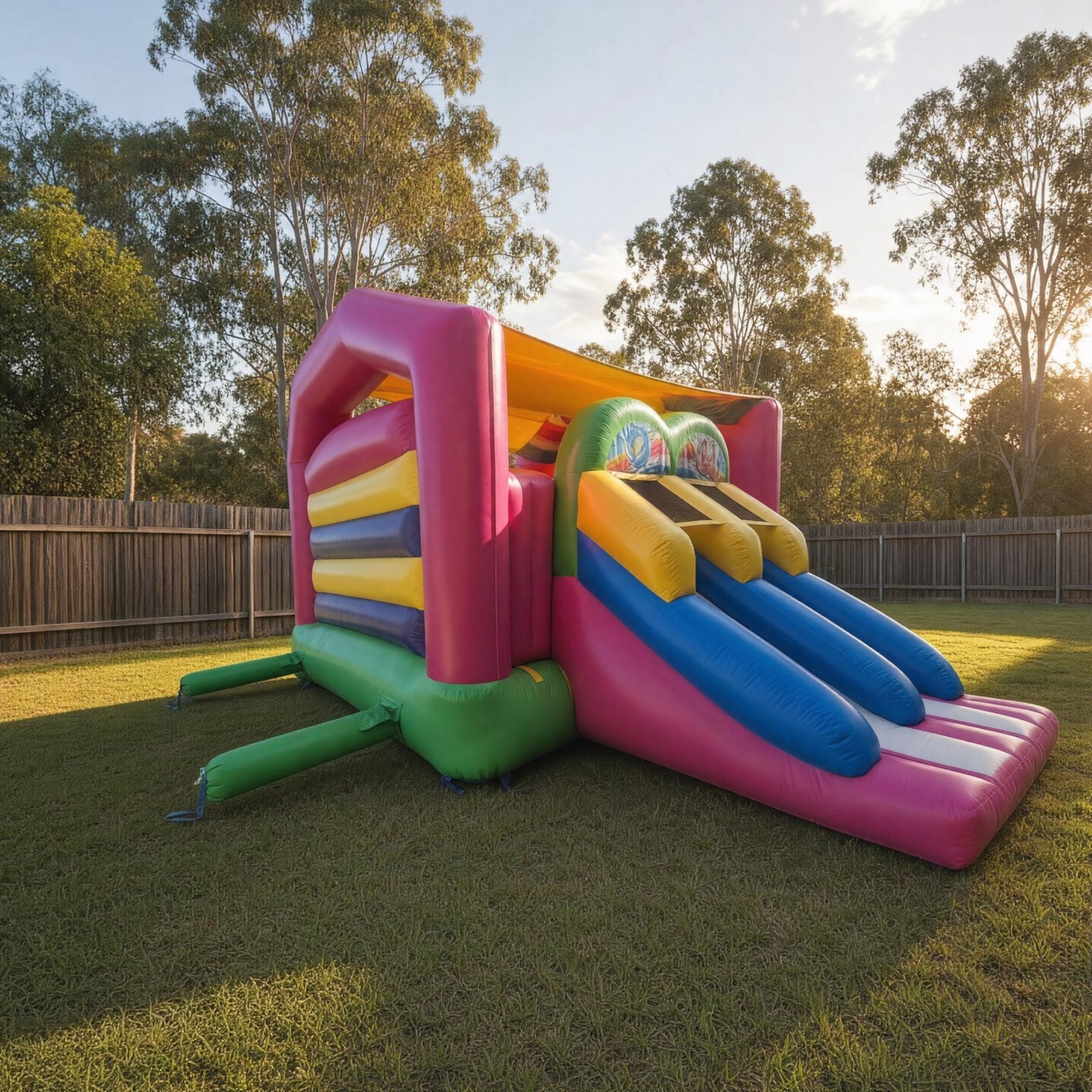 Candy Tweety Bird Castle with Slide Combo Hire - pulled back view showing true size in a backyard