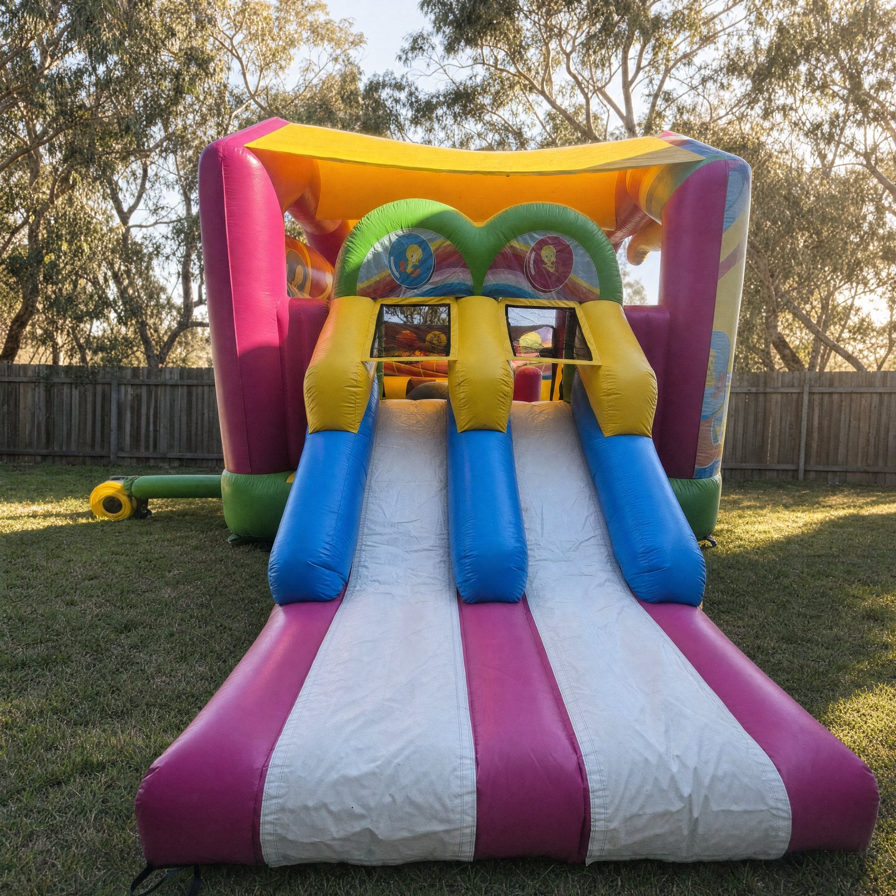 Candy Tweety Bird Castle with Slide Combo Hire - straight-on front view showing the heart entrance arch