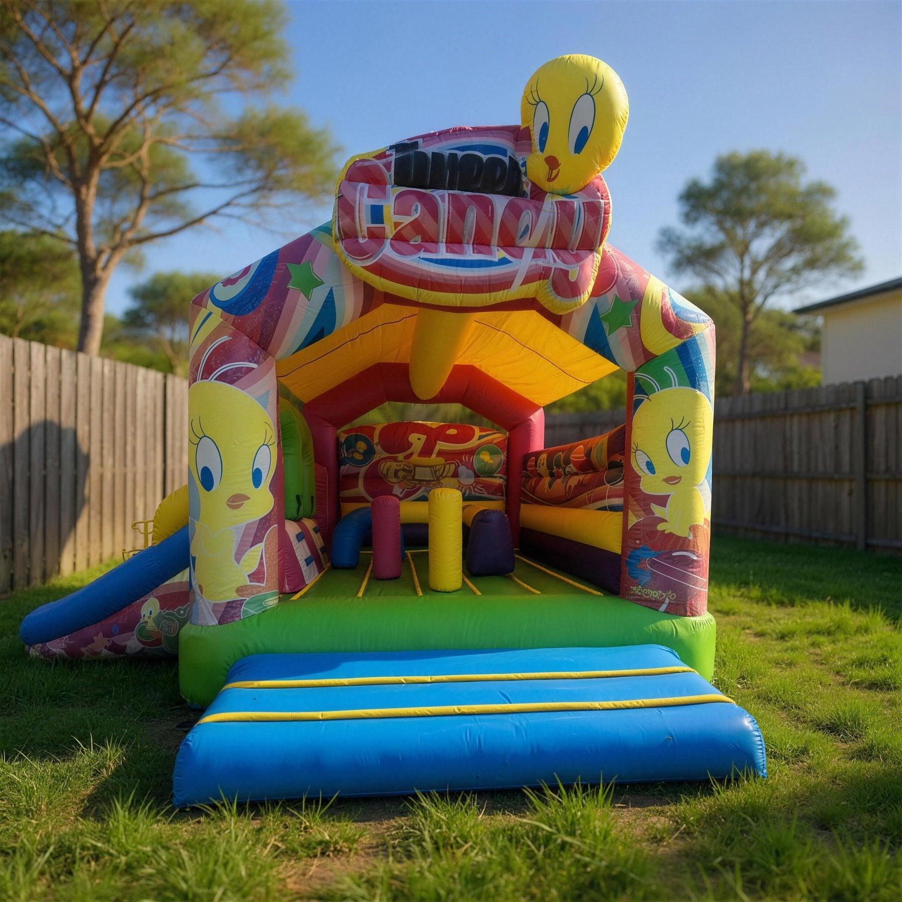 Candy Tweety Bird Castle with Slide Combo Hire - front three-quarter view in a real backyard
