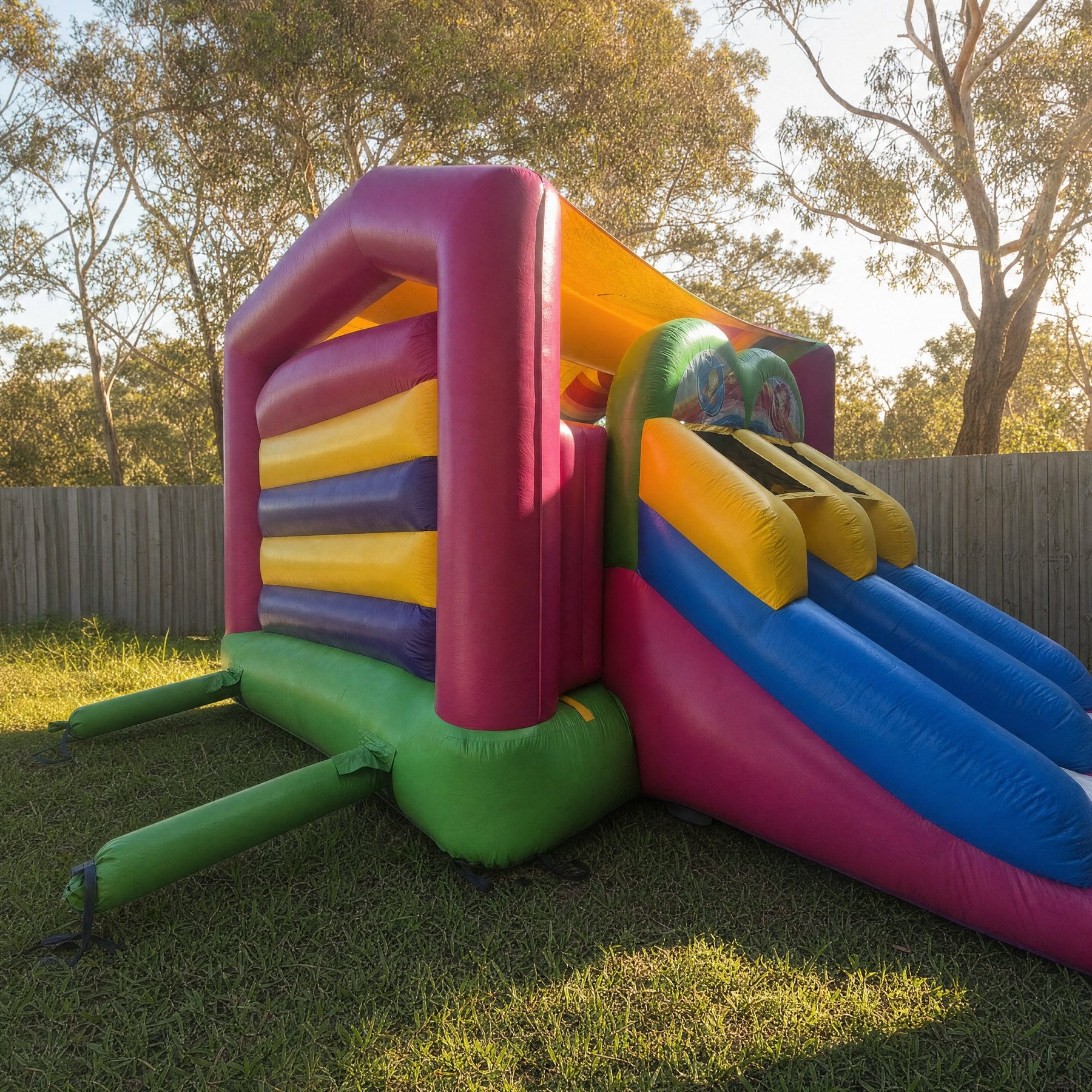 Candy Tweety Bird Castle with Slide Combo Hire - side profile showing the dual-lane slide